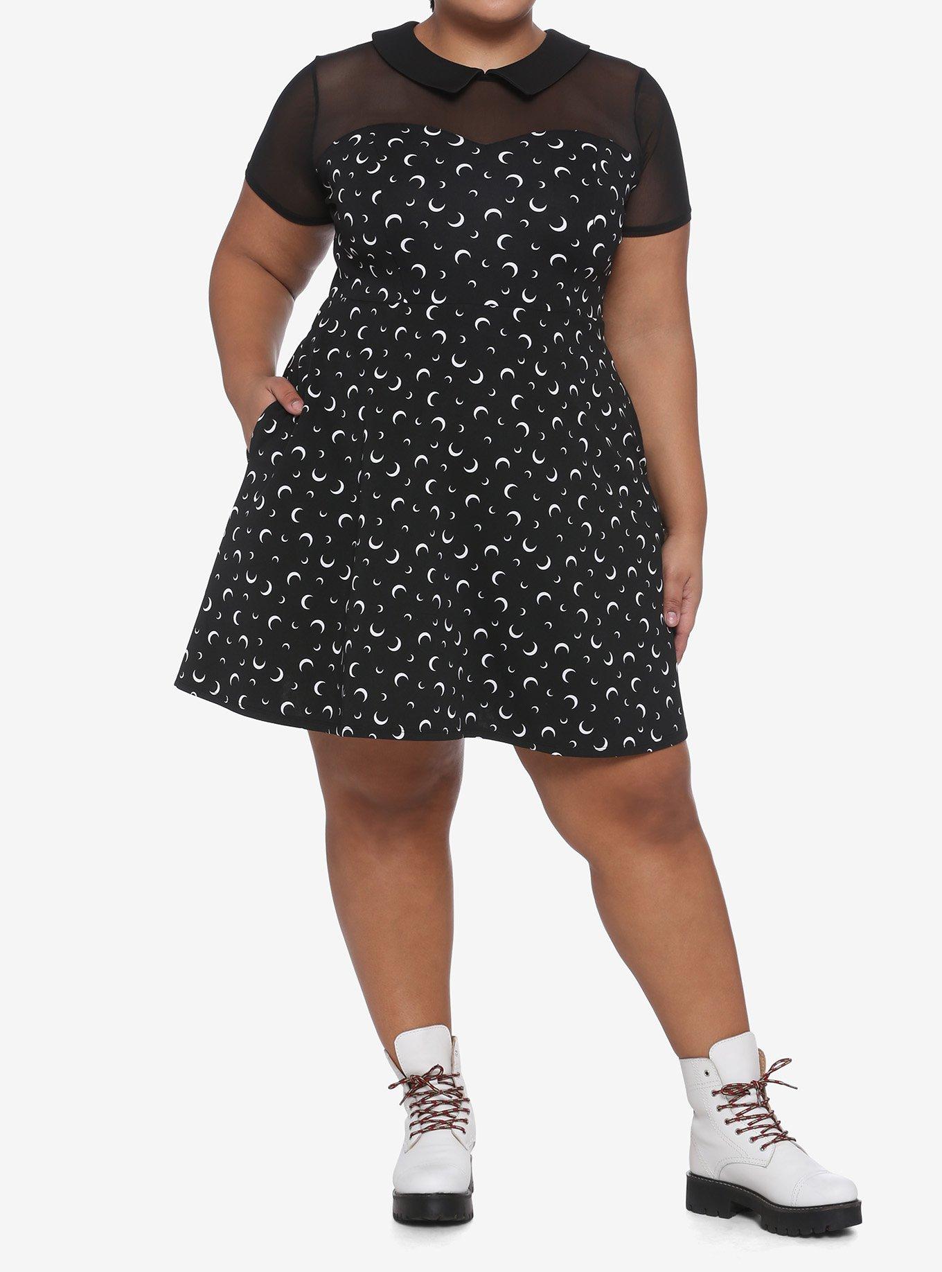 Crescent Moon Collared Mesh Panel Skater Dress Plus Size, MULTI, alternate