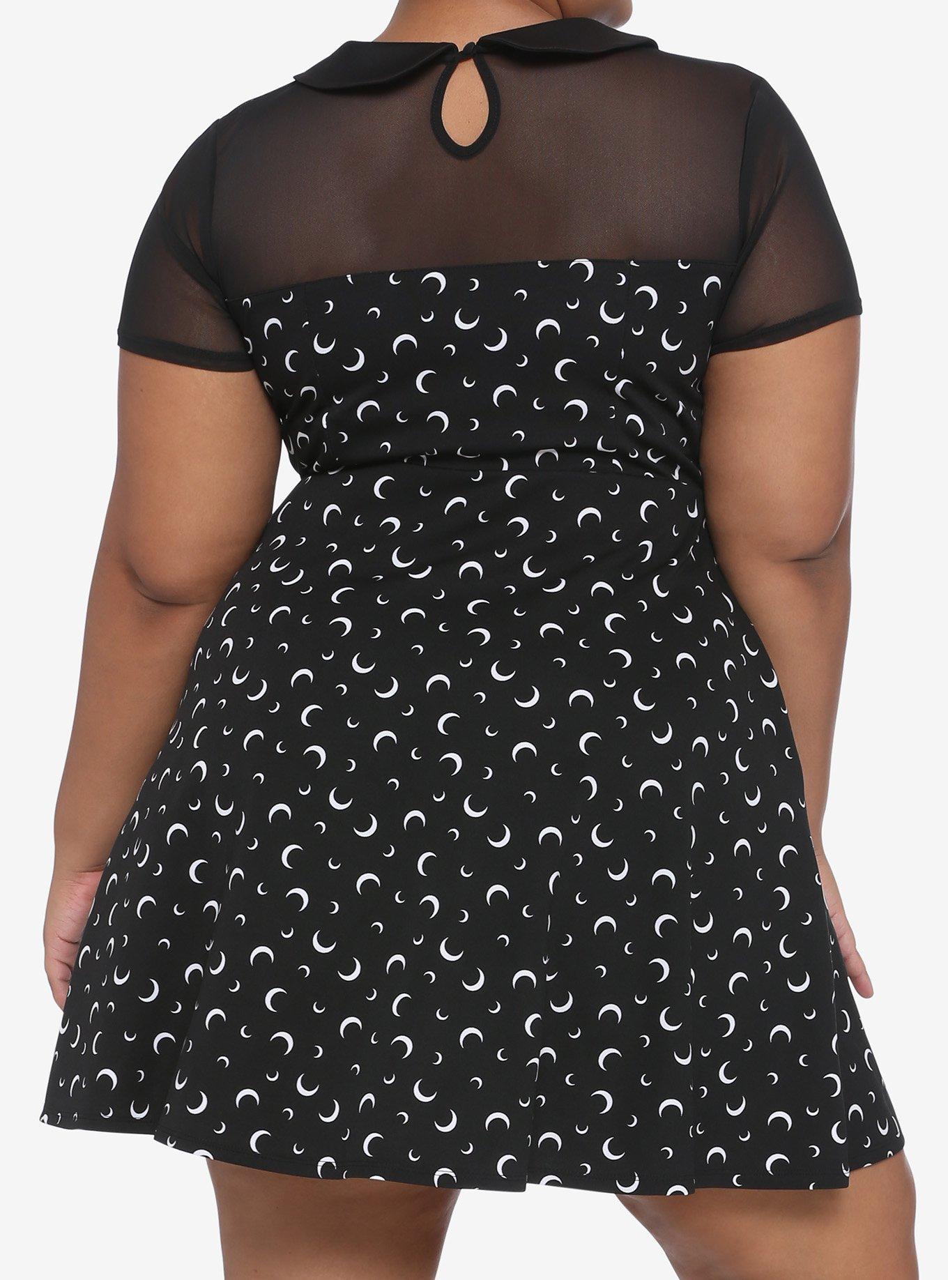 Crescent Moon Collared Mesh Panel Skater Dress Plus Size, MULTI, alternate