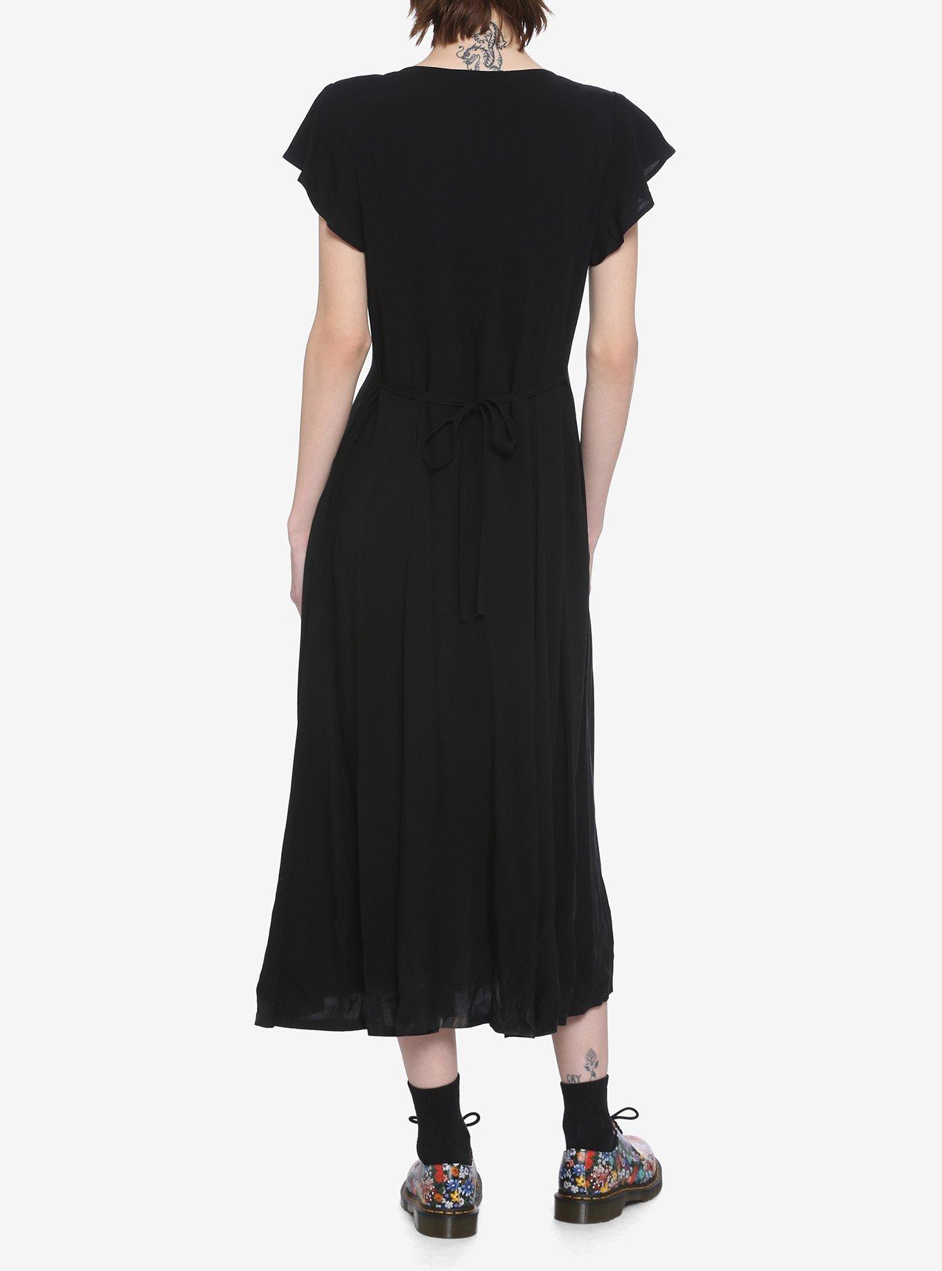 Black Flutter Sleeves Midi Dress, BLACK, alternate