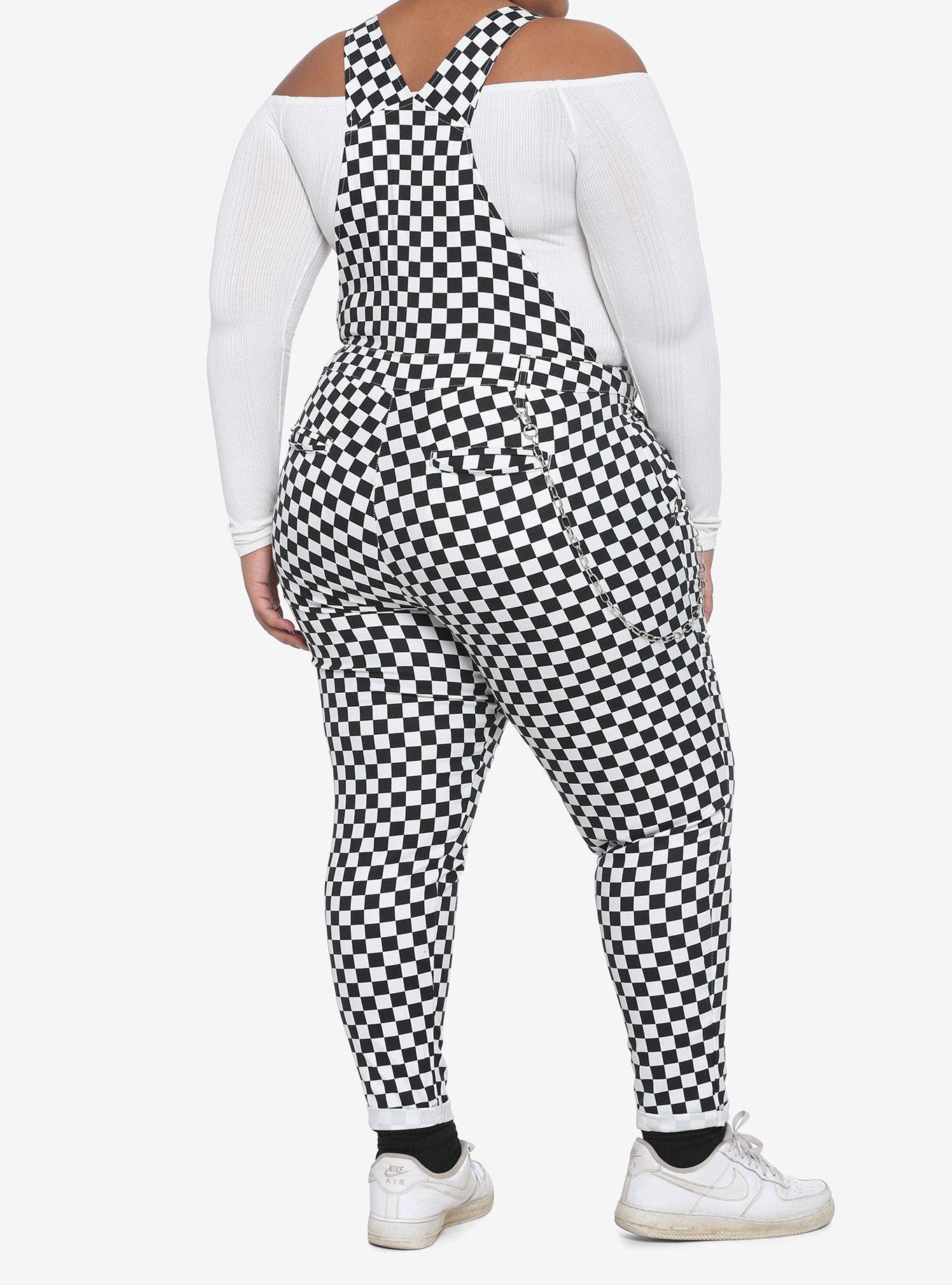 Black & White Checkered Overalls With Chain Plus Size, MULTI, alternate