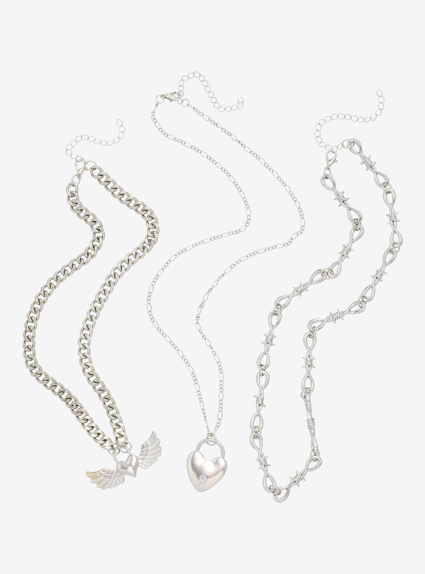 Barbed Wire Heart Padlock Chain Necklace Set, , alternate