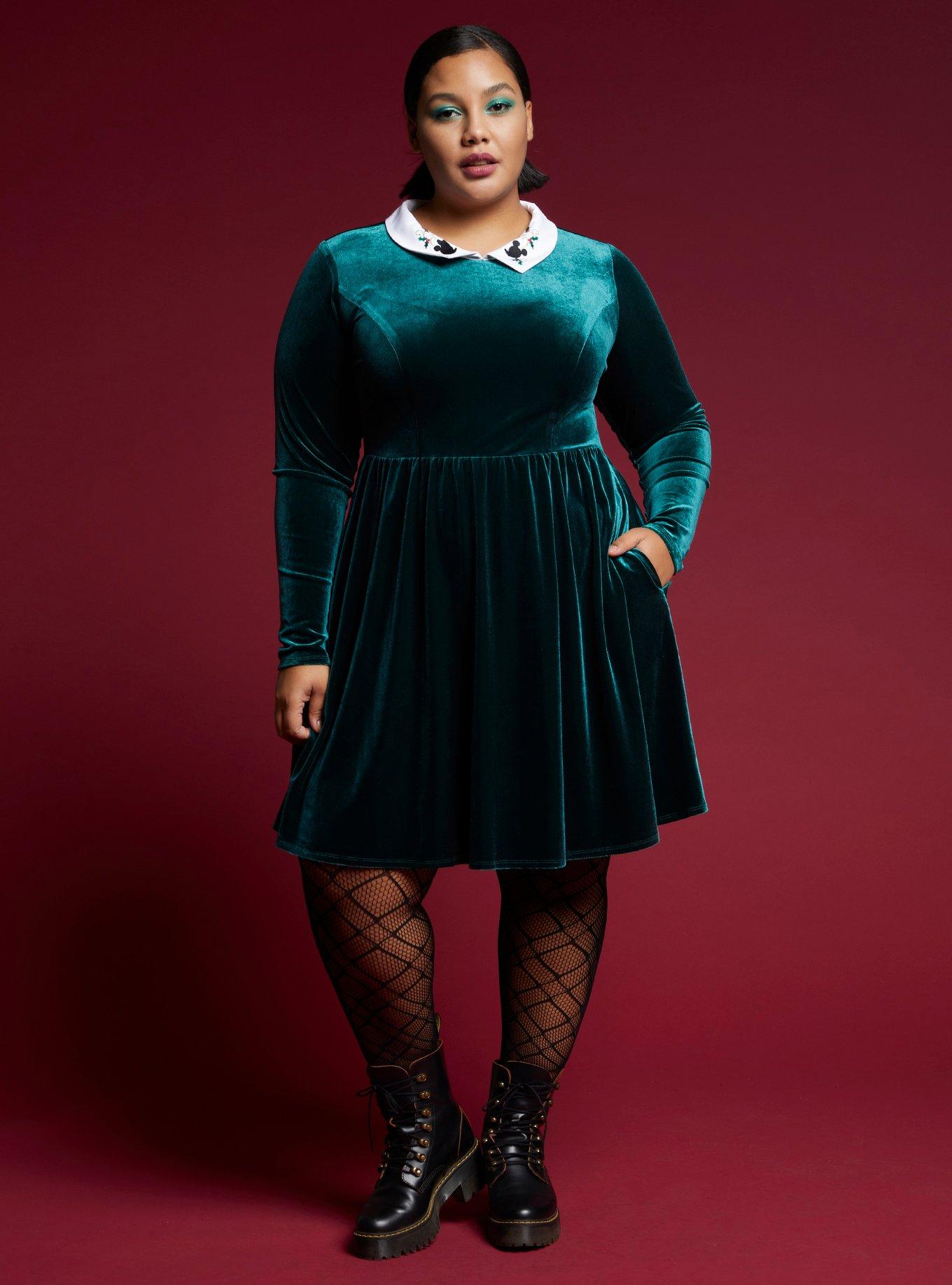 Disney Mickey Mouse Holiday Green Velvet Collar Dress Plus Size, MULTI, alternate