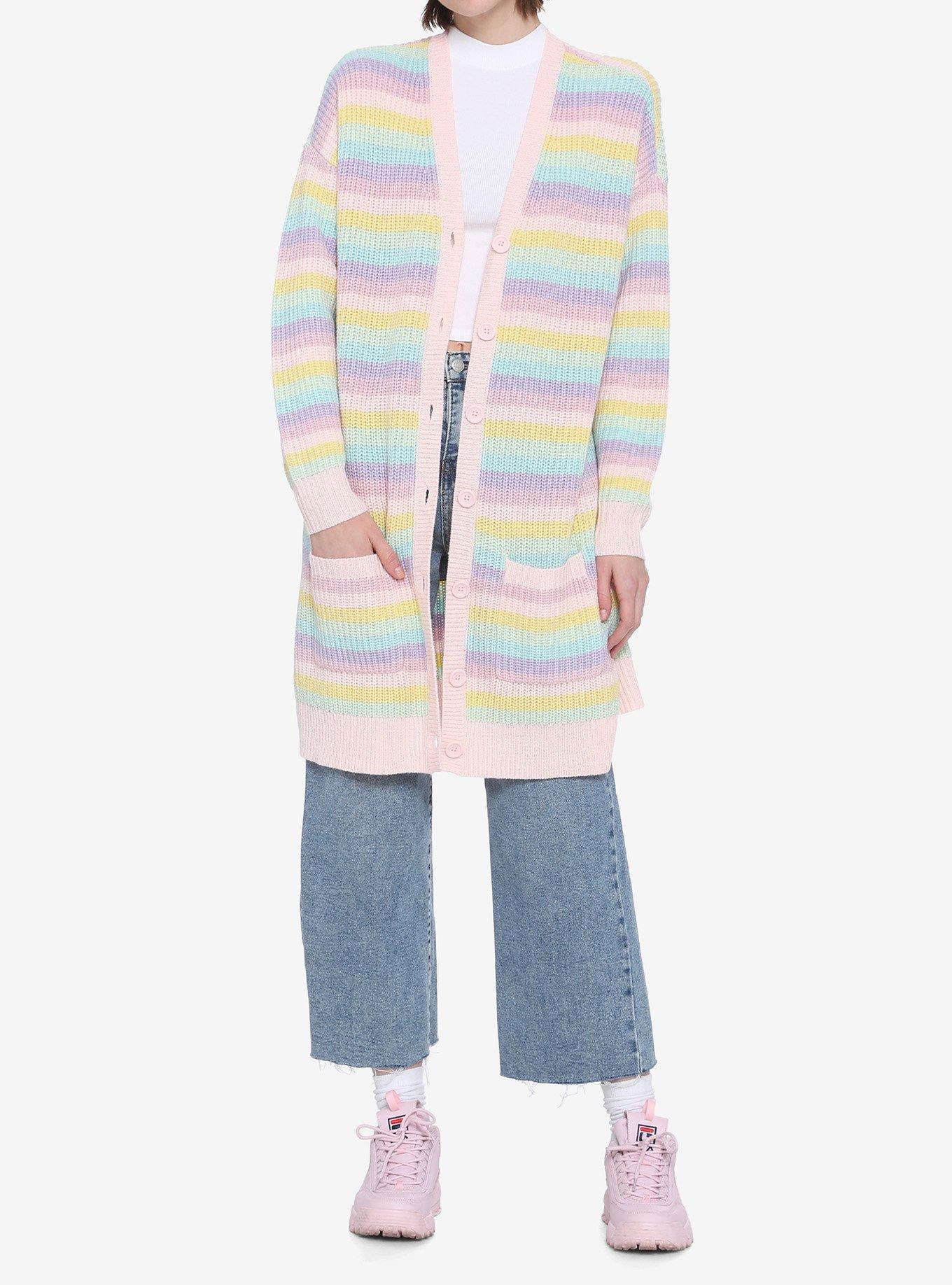 Pastel Rainbow Stripe Girls Cardigan, STRIPE - MULTI, alternate