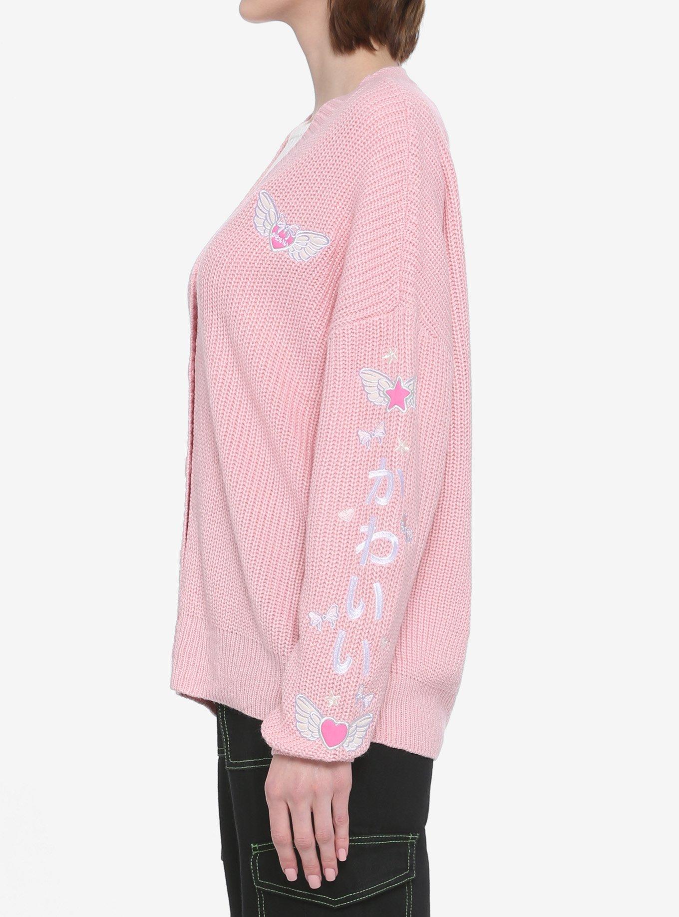 Kawaii Wings Embroidered Girls Cardigan, PINK, alternate