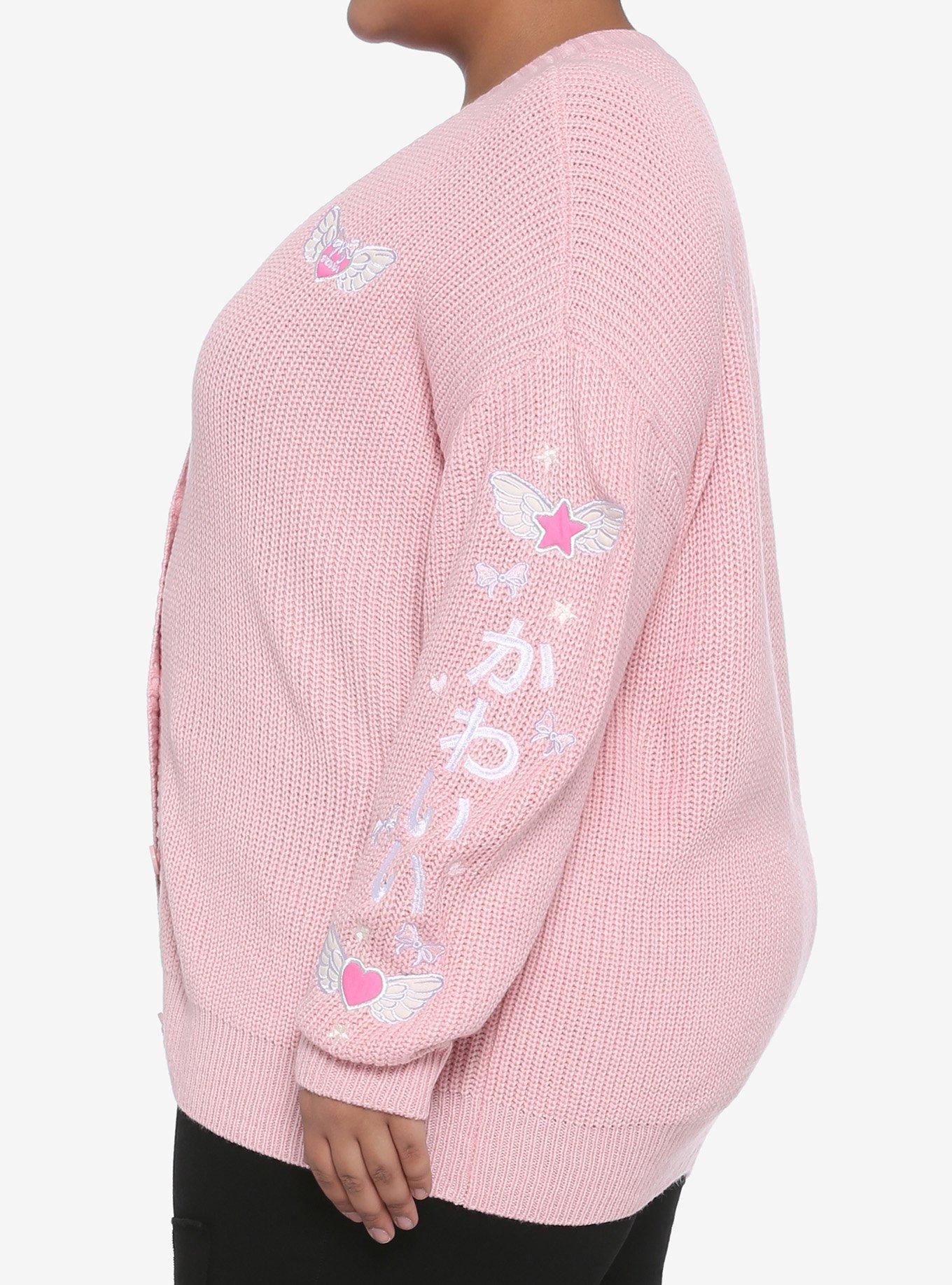 Kawaii Wings Embroidered Girls Cardigan Plus Size, PINK, alternate