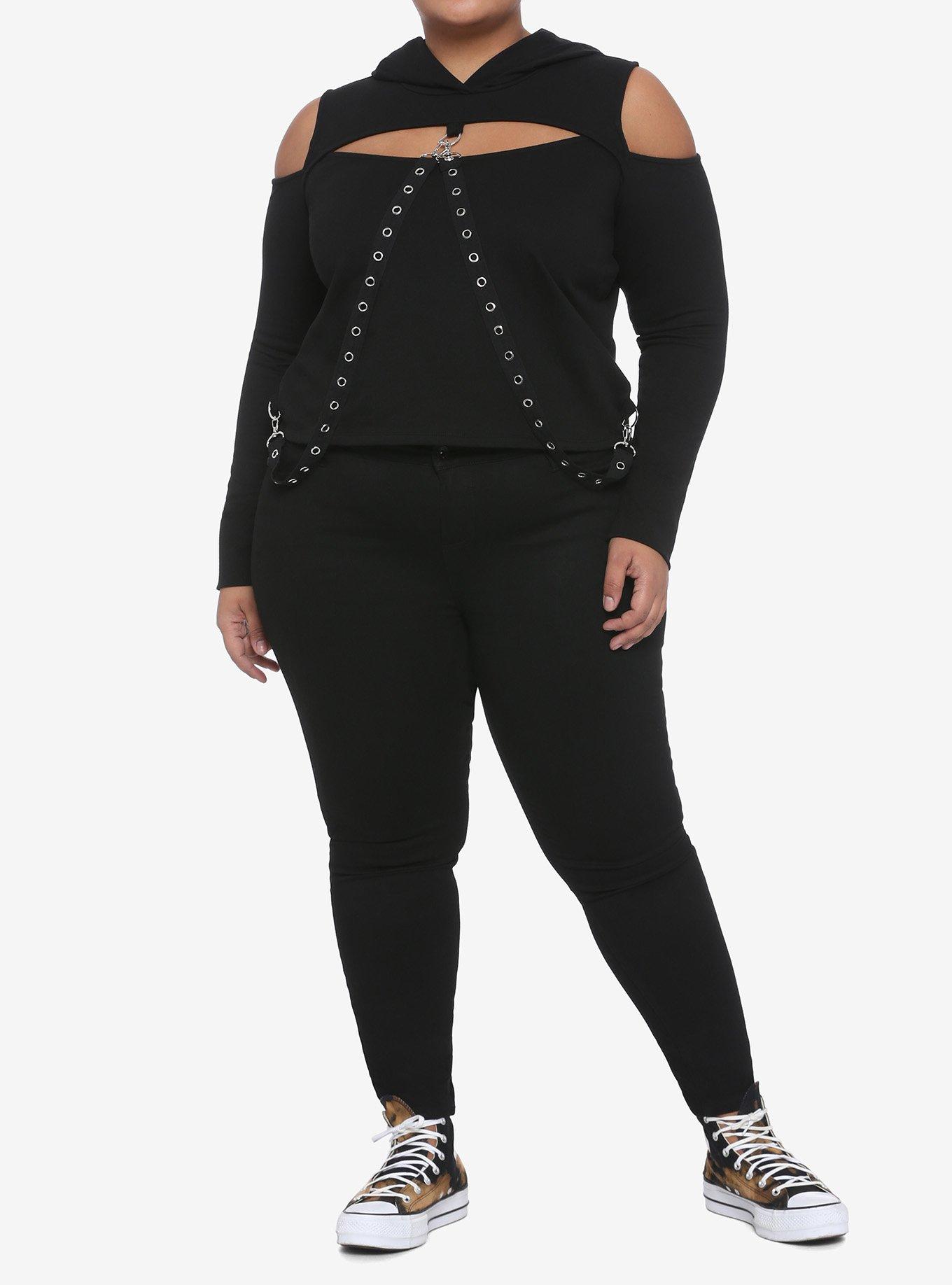 Black Cold Shoulder Bondage Girls Crop Hoodie Plus Size, BLACK, alternate