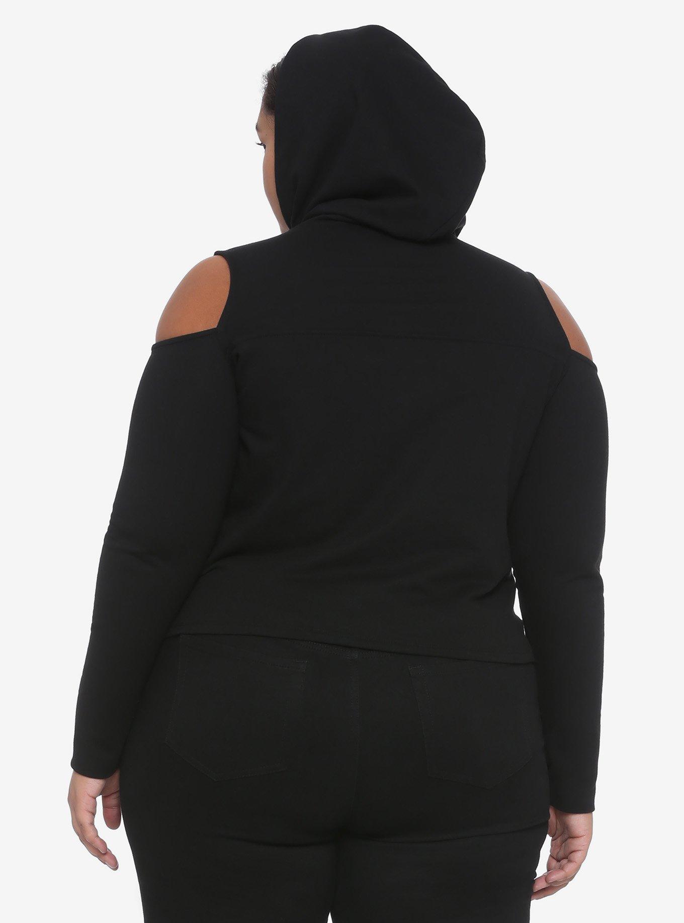 Black Cold Shoulder Bondage Girls Crop Hoodie Plus Size, BLACK, alternate