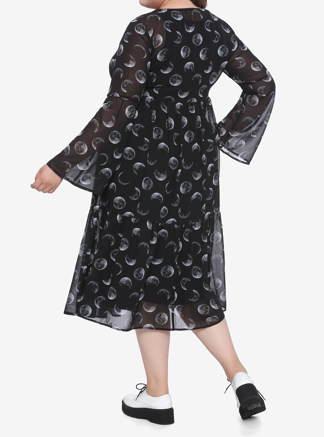Moon Sheer Bell Sleeve Button-Up Maxi Duster Plus Size, BLACK, alternate