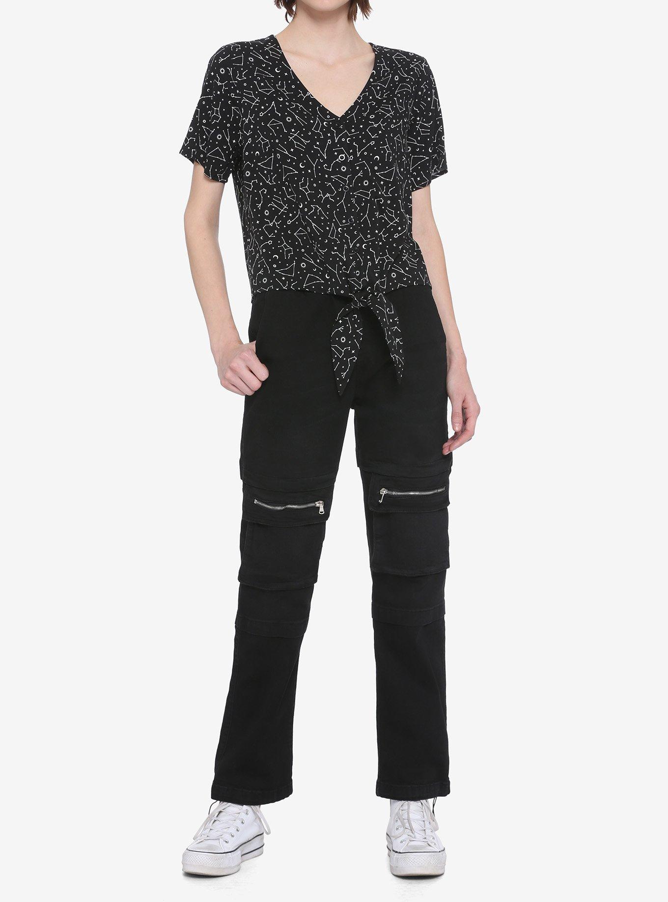 Constellation Tie-Front Girls Woven Button-Up, BLACK, alternate