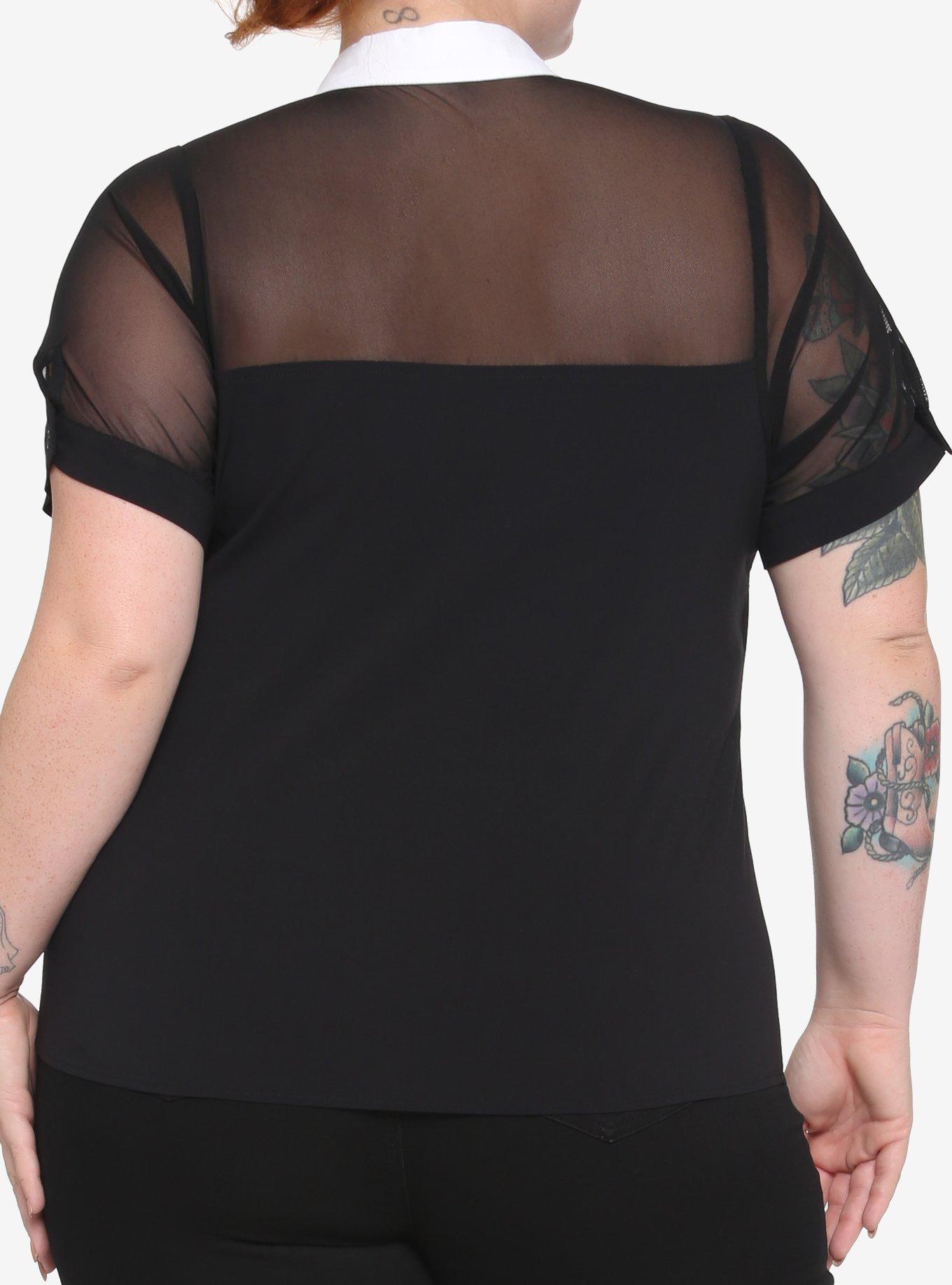 Collared Mesh Panel Girls Top Plus Size, BLACK, alternate