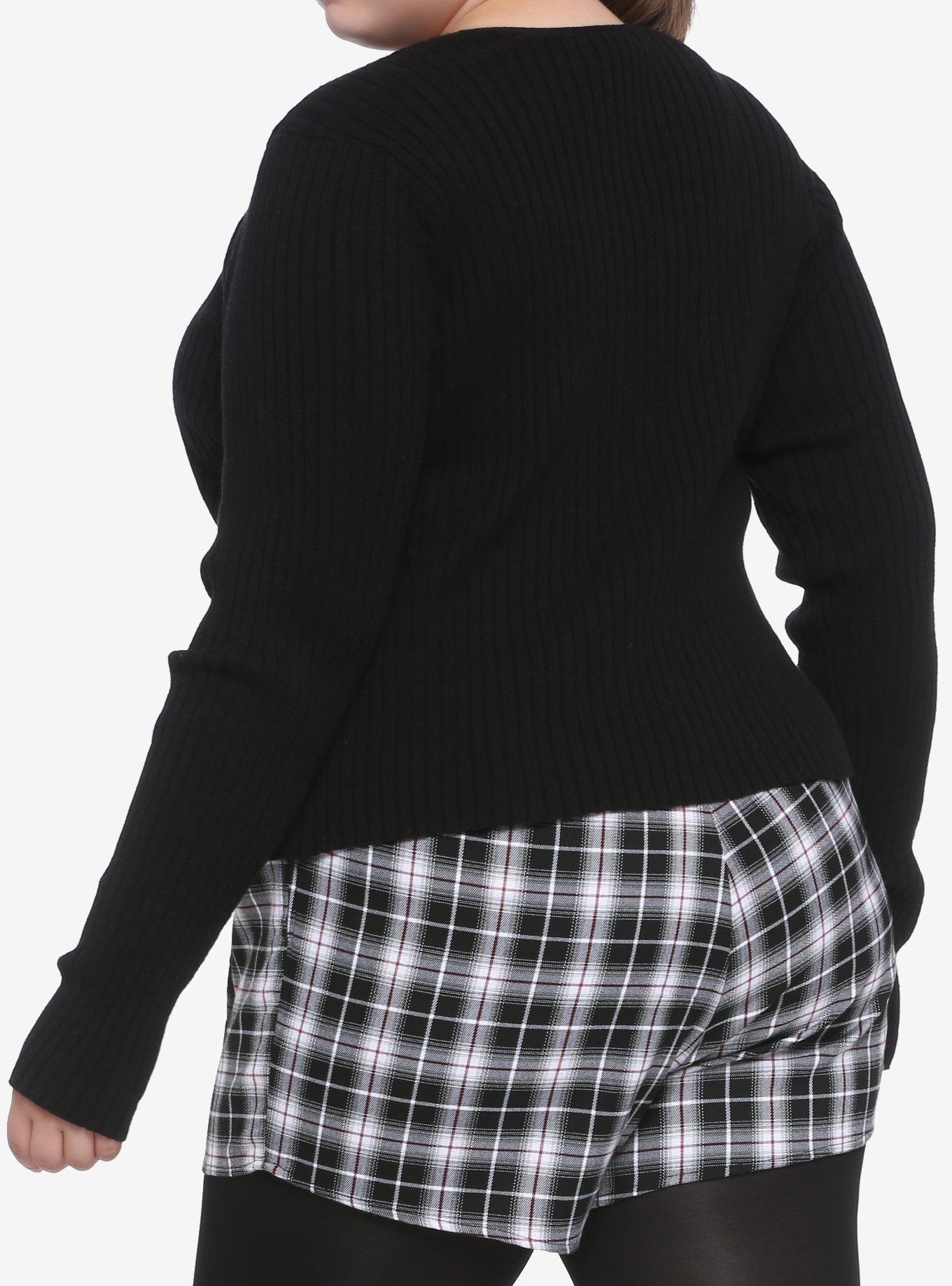 Black Tie-Front Girls Cardigan Plus Size, BLACK, alternate
