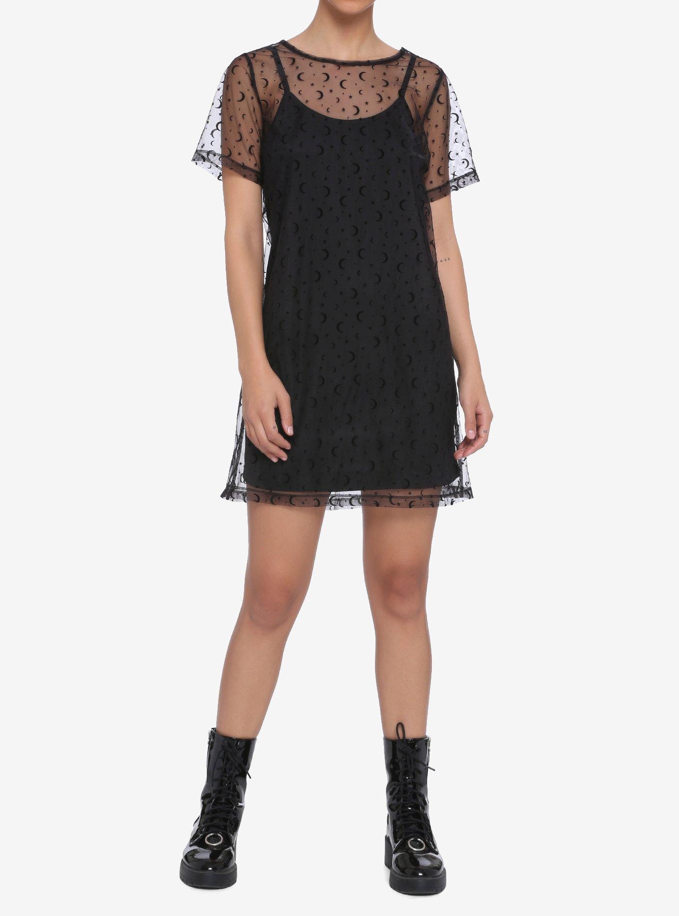 Flocked Moon & Star Sheer T-Shirt Dress, BLACK, alternate