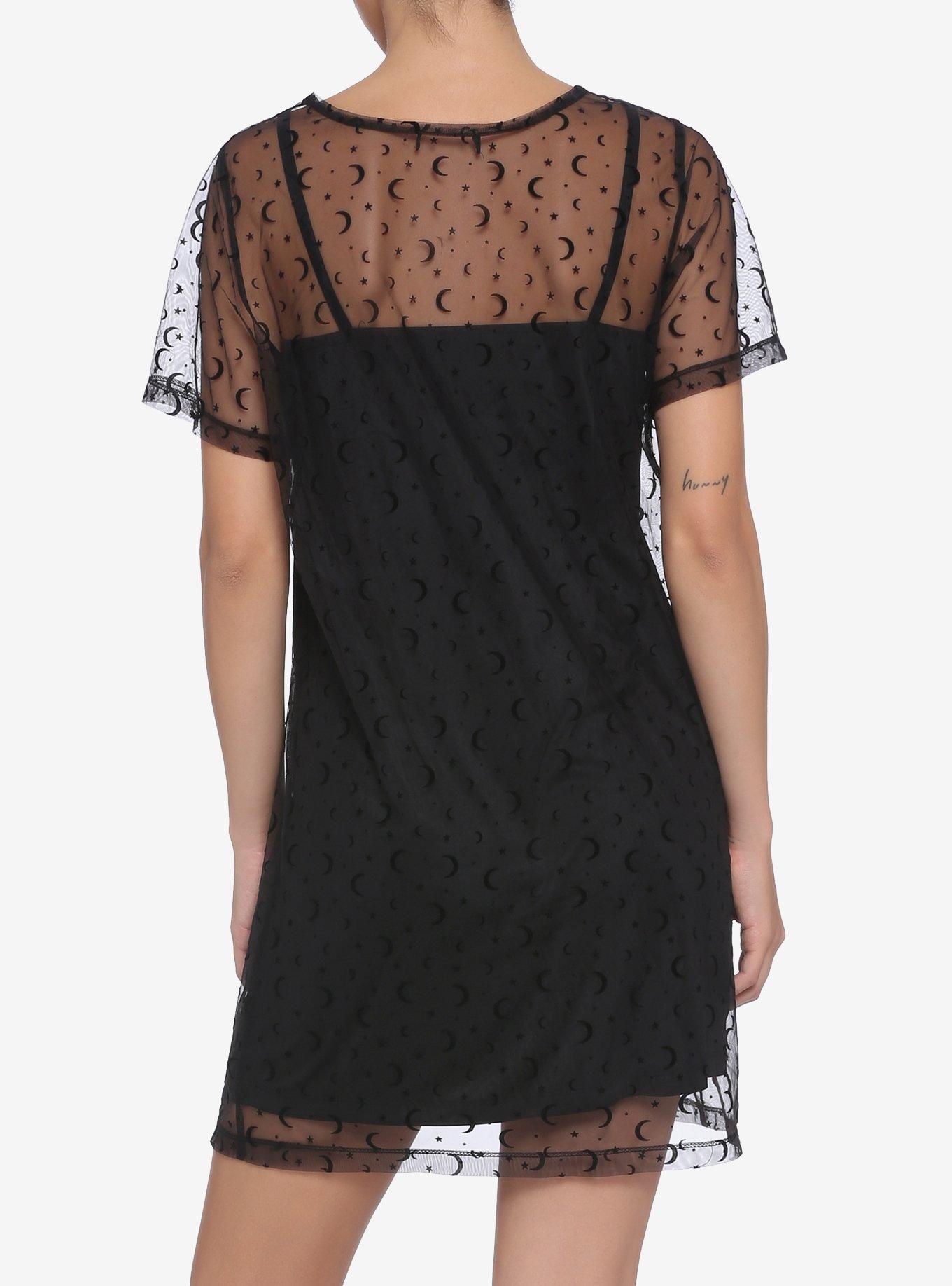 Flocked Moon & Star Sheer T-Shirt Dress, BLACK, alternate