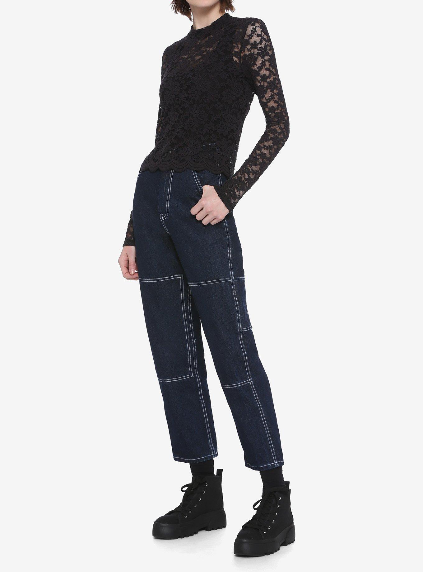 Black Floral Lace Sheer Girls Long-Sleeve Top, BLACK, alternate