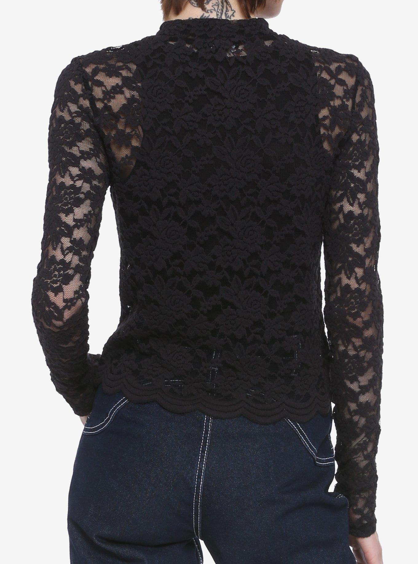 Black Floral Lace Sheer Girls Long-Sleeve Top, BLACK, alternate