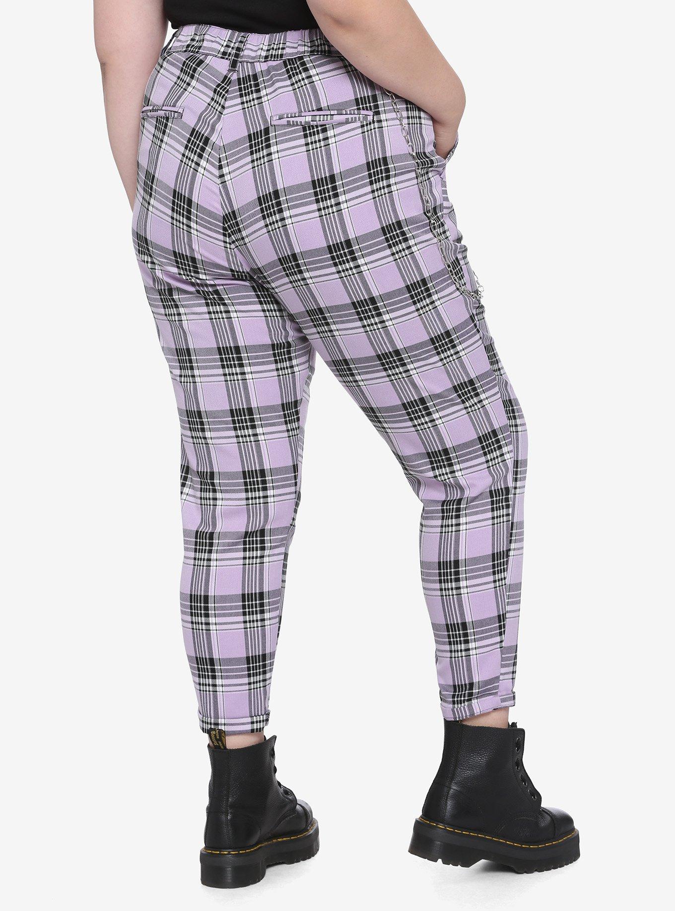 Purple Plaid Pants With Detachable Chain Plus Size, PLAID - PURPLE, alternate