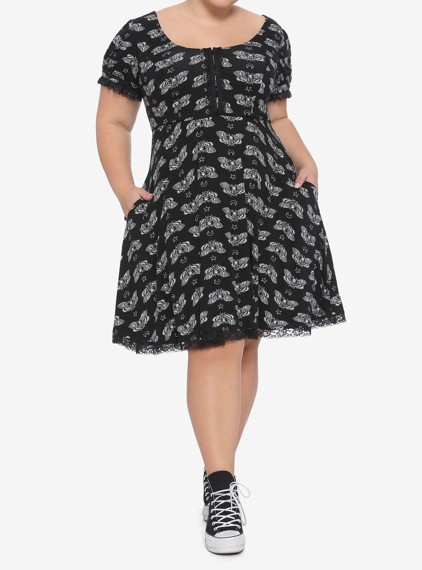Black & White Moth Print Dress Plus Size, BLACK, alternate