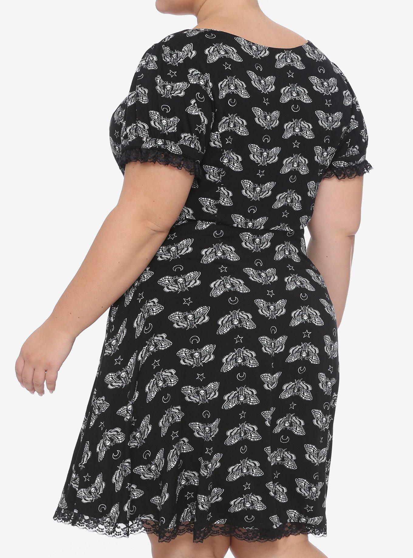 Black & White Moth Print Dress Plus Size, BLACK, alternate
