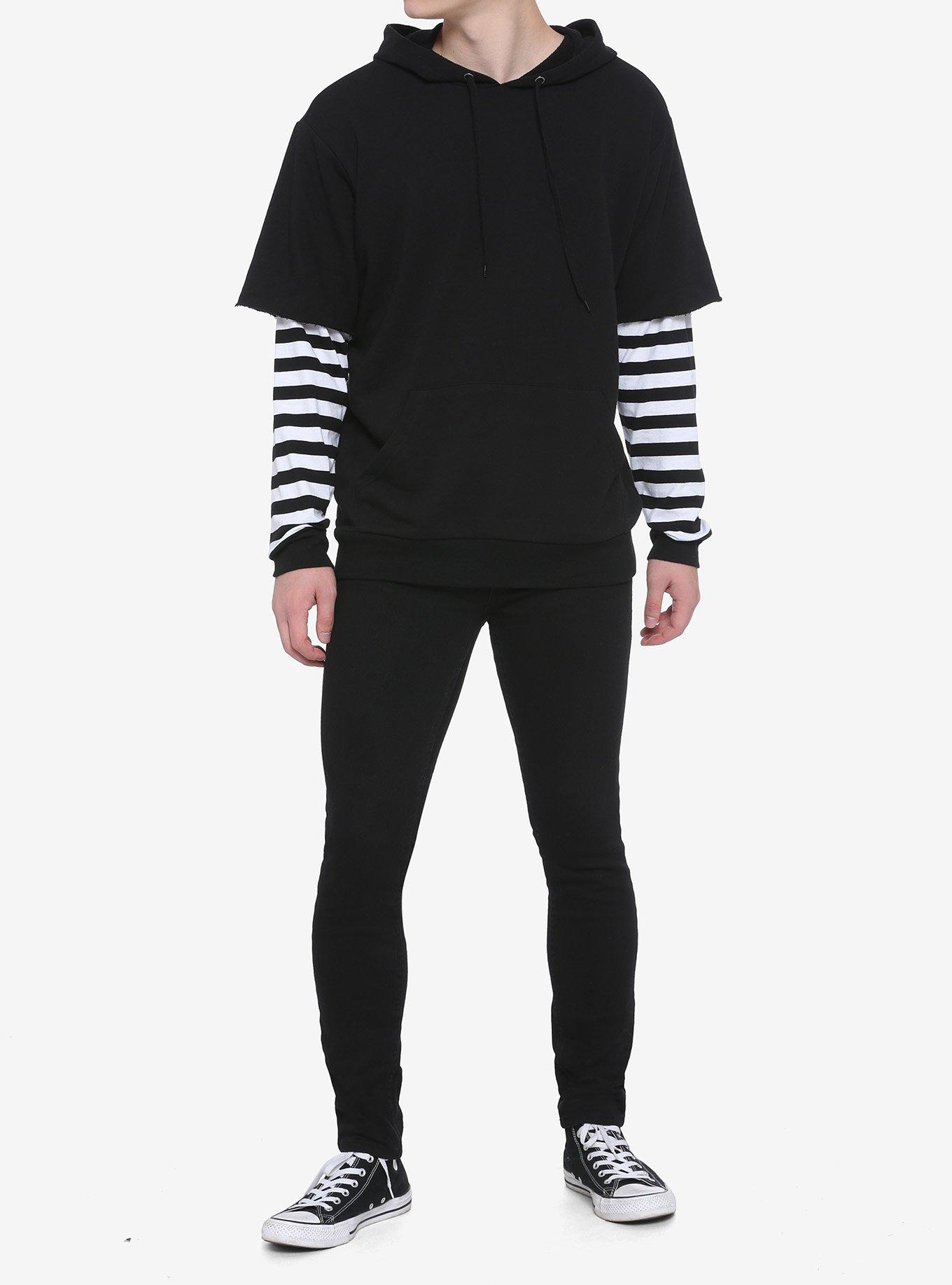 Black & White Stripe Sleeve Twofer Hoodie, STRIPES, alternate