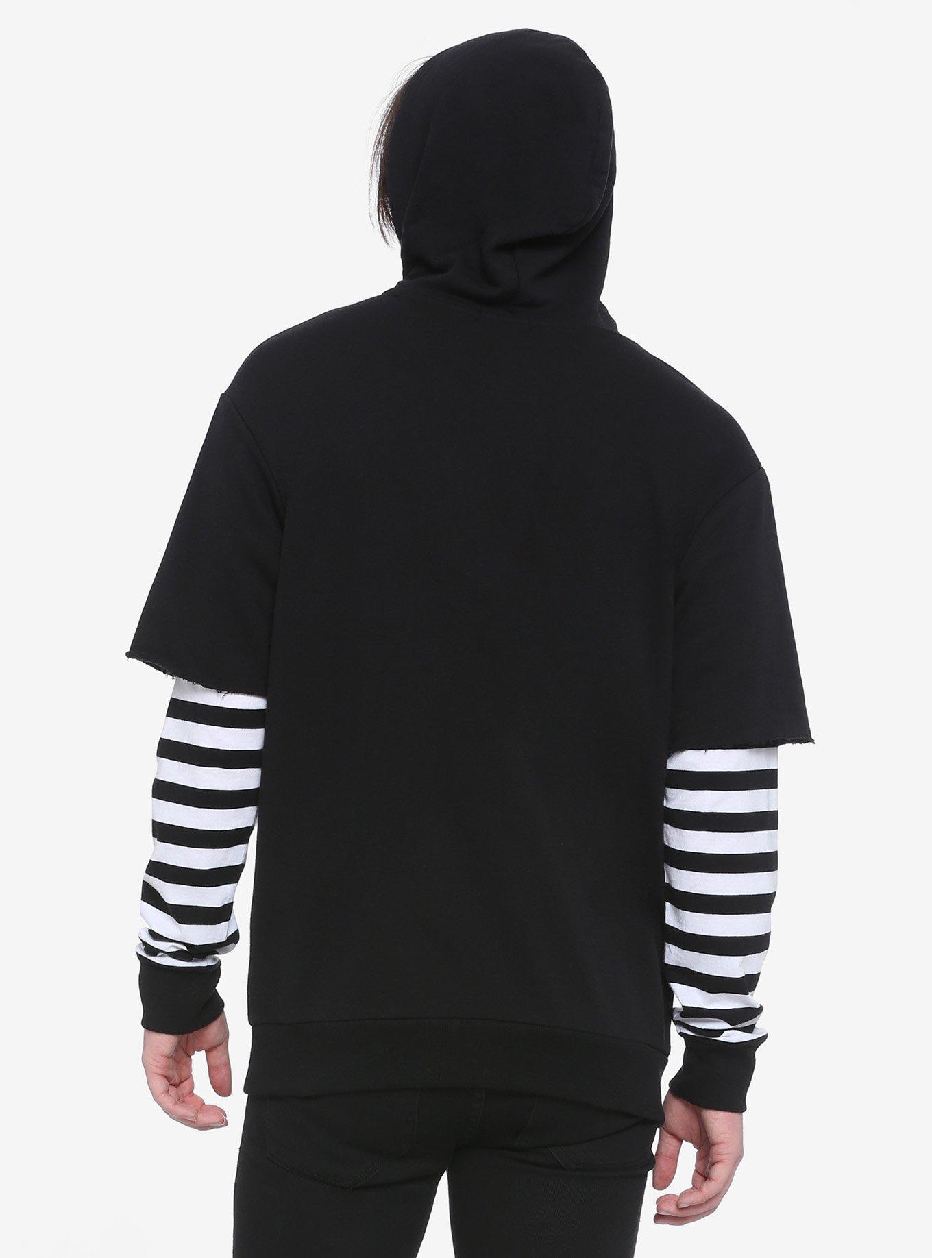 Black & White Stripe Sleeve Twofer Hoodie, STRIPES, alternate