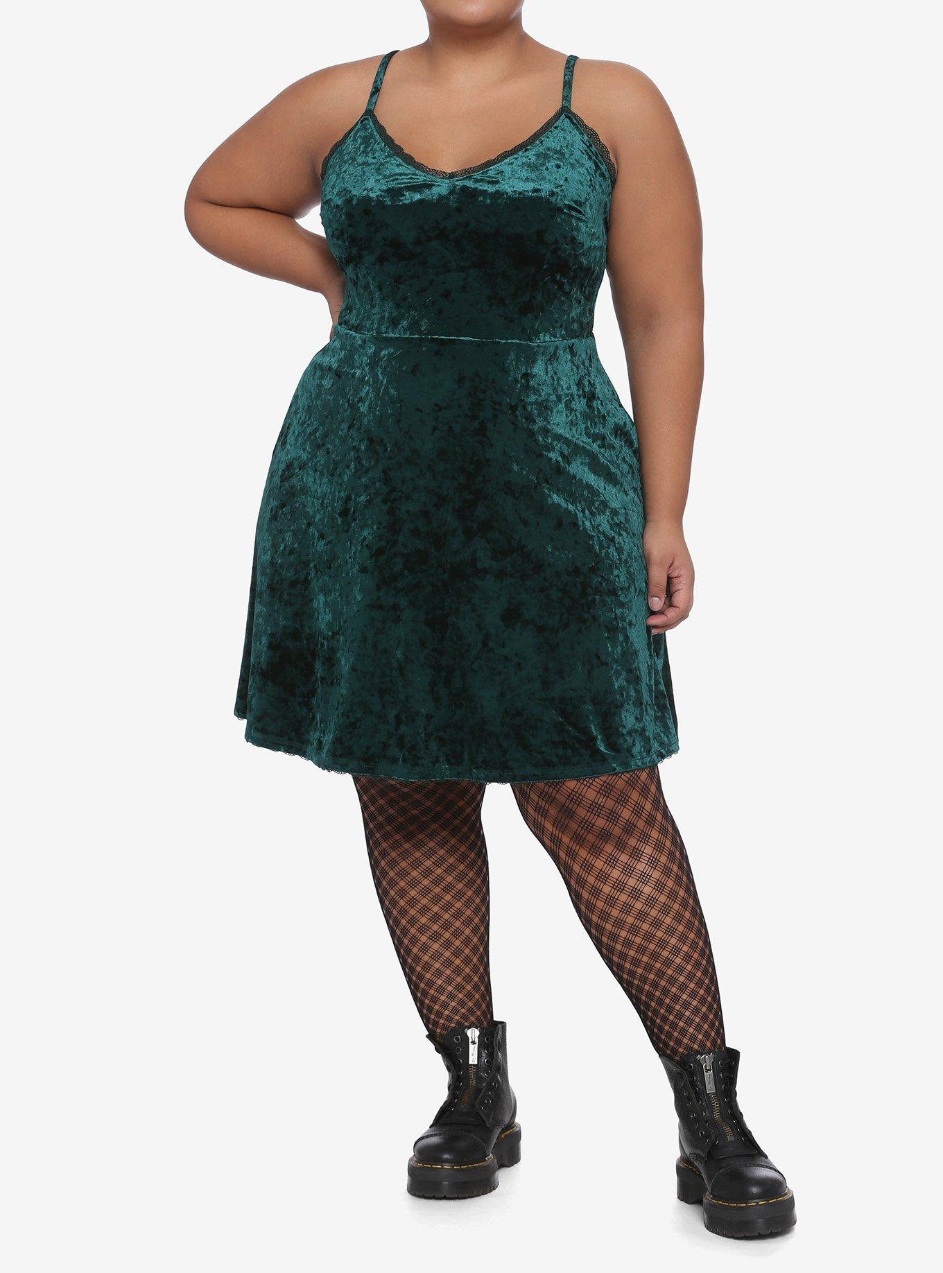 Green Velvet Skater Slip Dress Plus Size, GREEN, alternate
