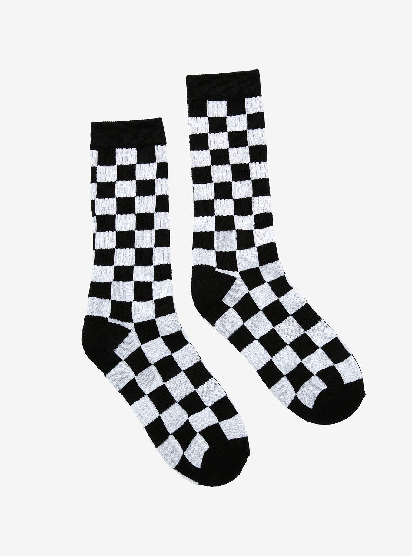 Black & White Checkered Crew Socks, , alternate