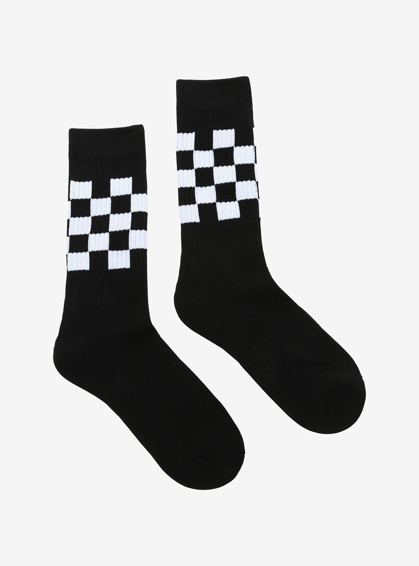 Black & White Checkered Crew Socks, , alternate