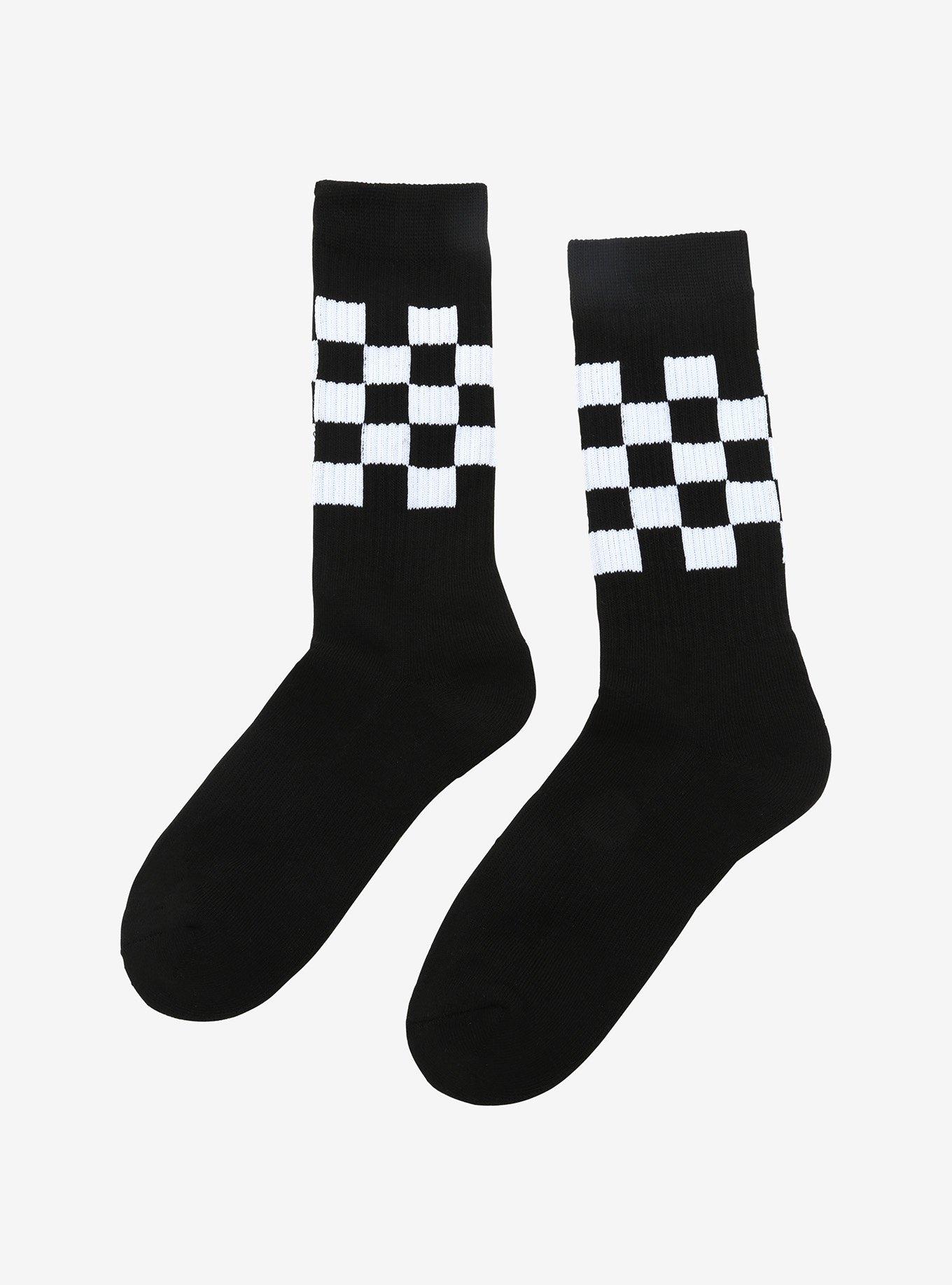 Black & White Checkered Crew Socks, , alternate