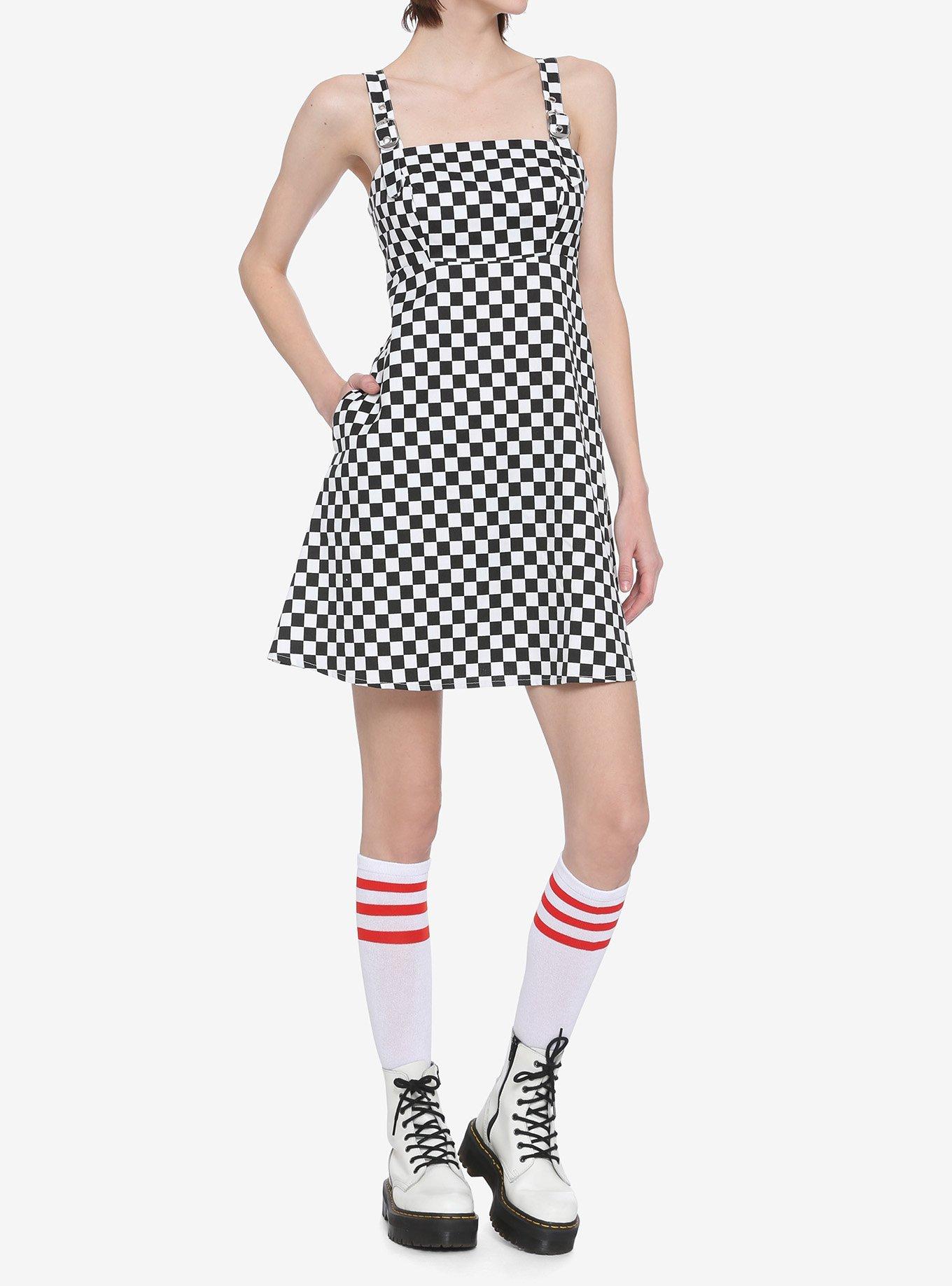 Black & White Checkered Buckle Strap Pinafore Dress, BLACK, alternate