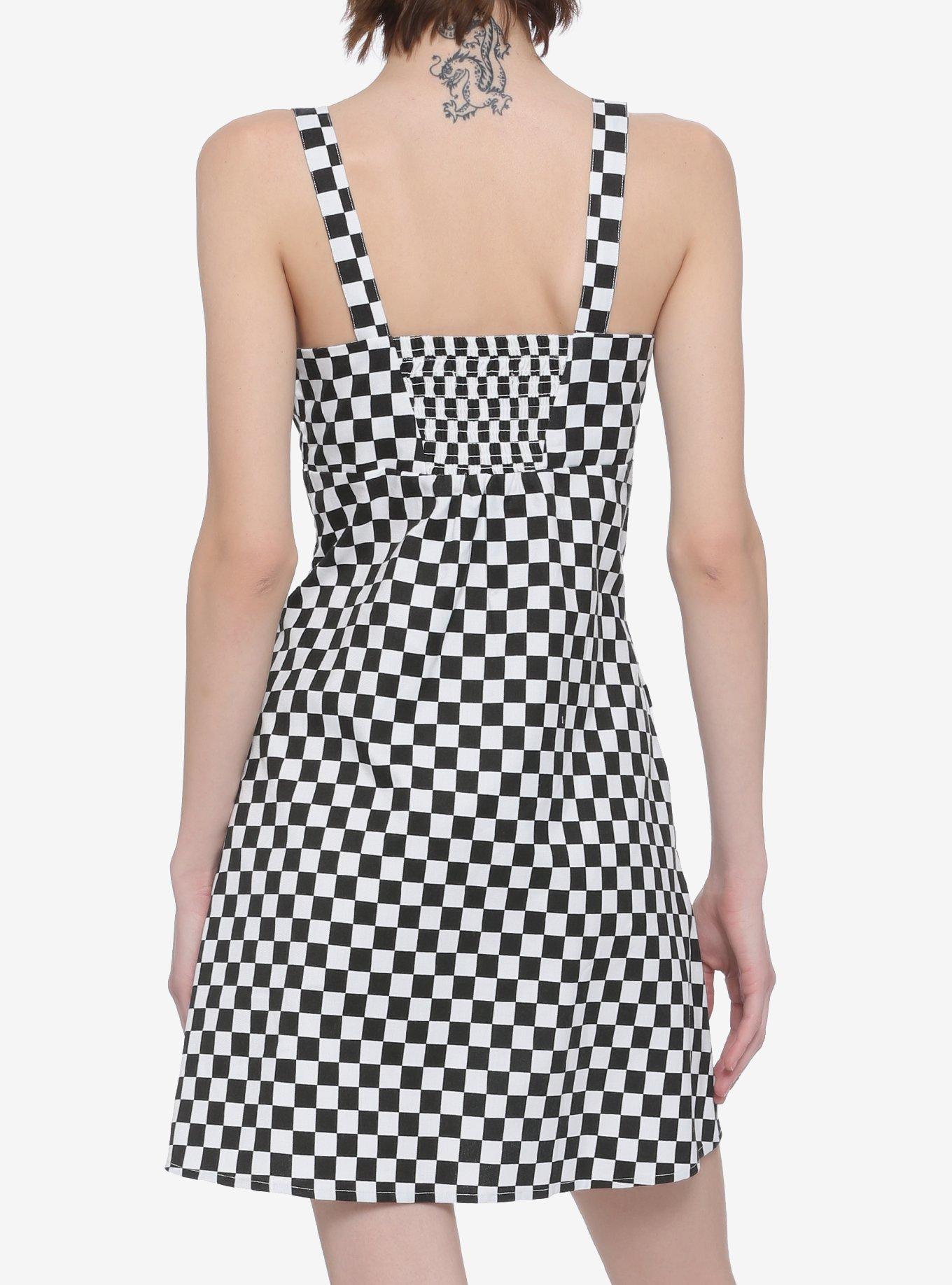 Black & White Checkered Buckle Strap Pinafore Dress, BLACK, alternate