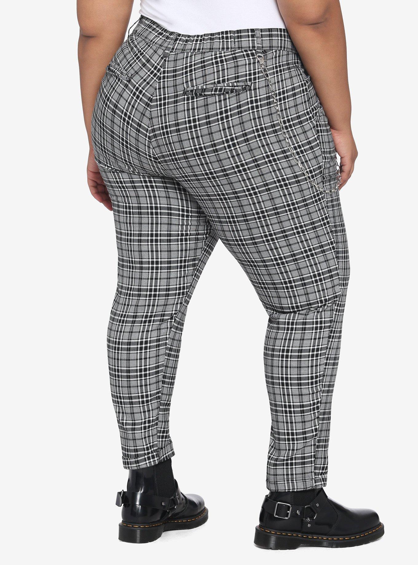 Grey Plaid Pants With Detachable Chain Plus Size, PLAID - GREY, alternate