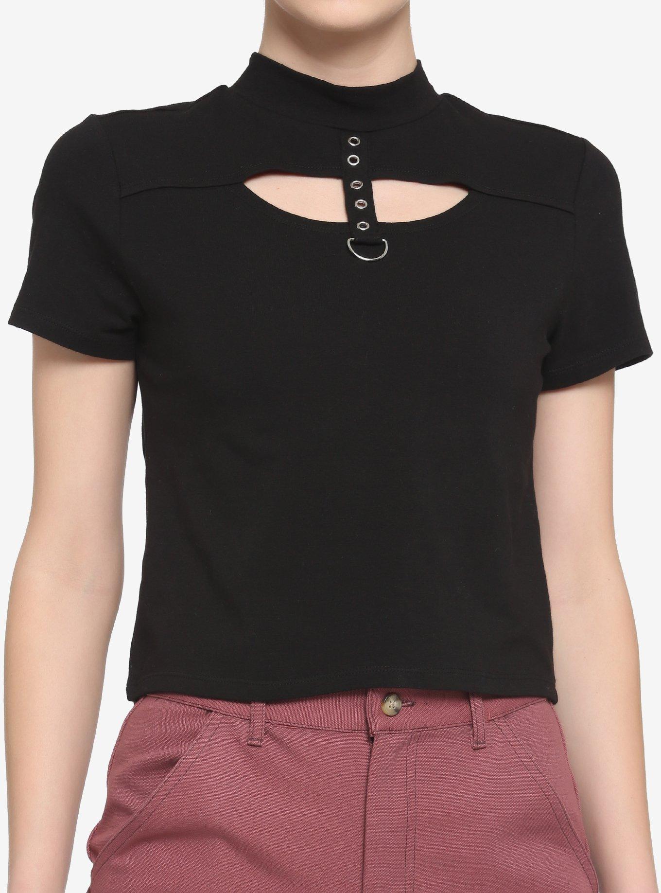 Grommet & D-Ring Strap Mock Neck Cutout Girls Crop T-Shirt, BLACK, alternate