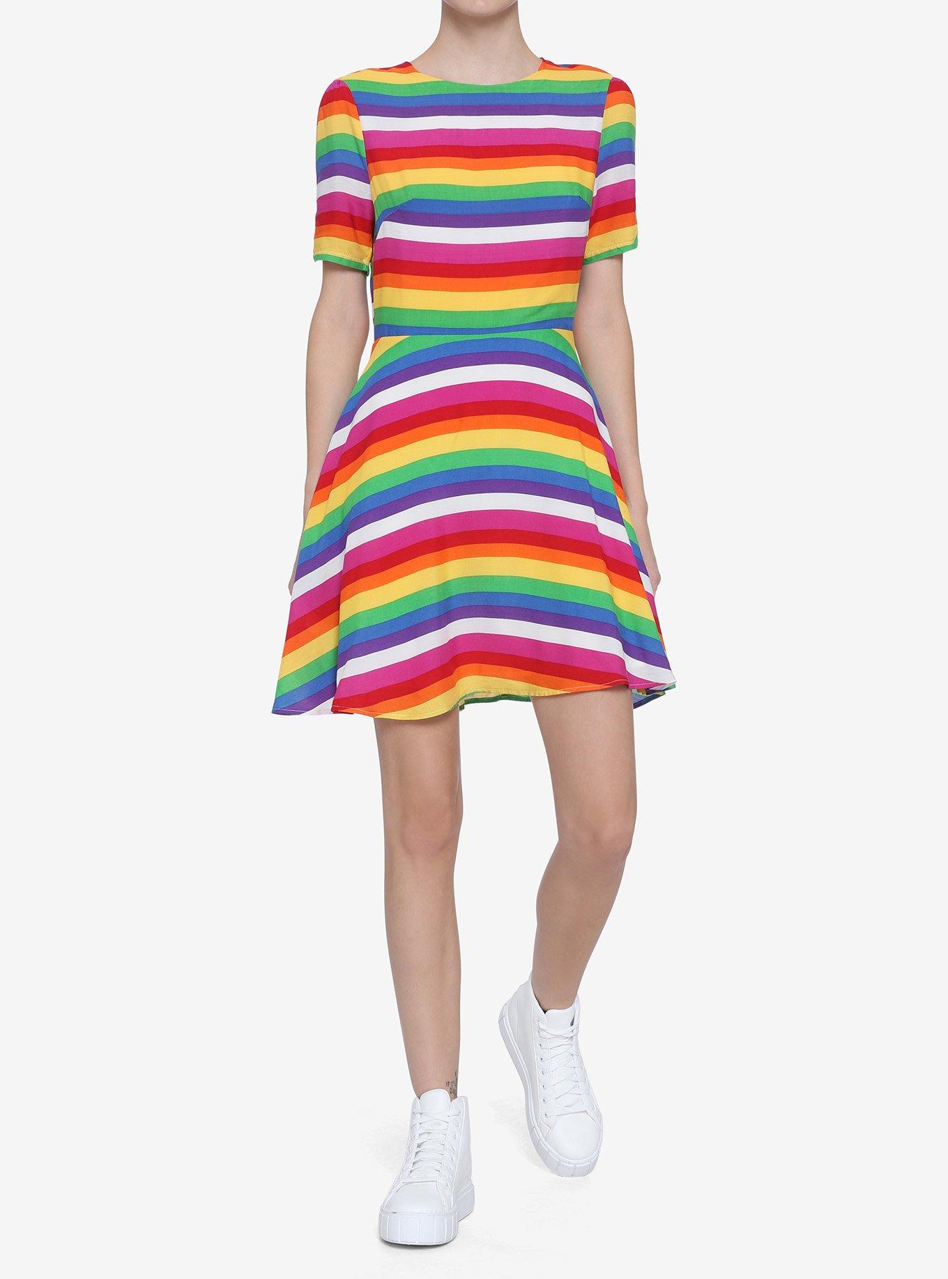 Daisy Street Rainbow Stripe Open-Back Skater Dress, MULTI, alternate