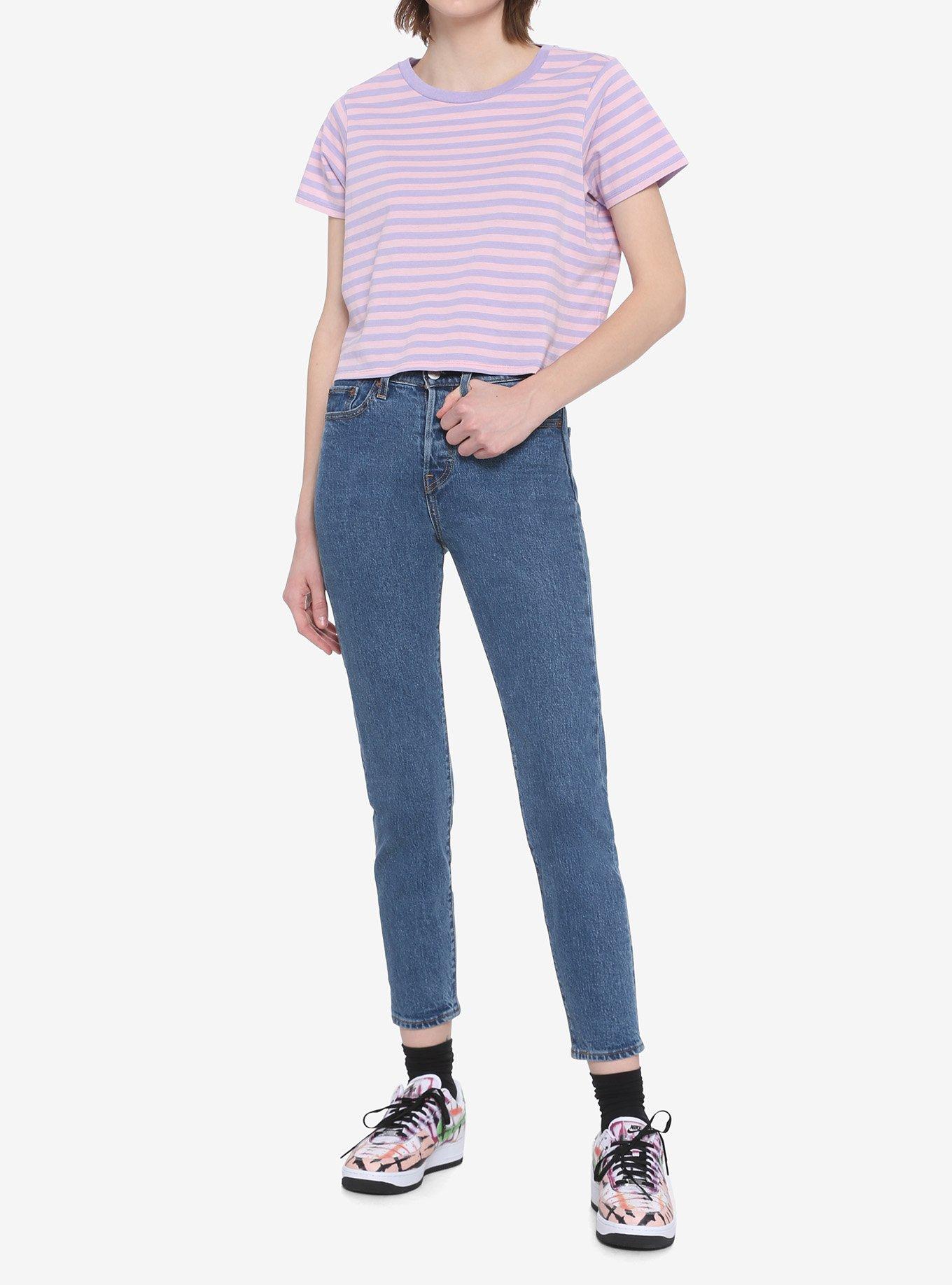 Pink & Lavender Stripe Girls Crop T-Shirt, STRIPE - LAVENDER, alternate