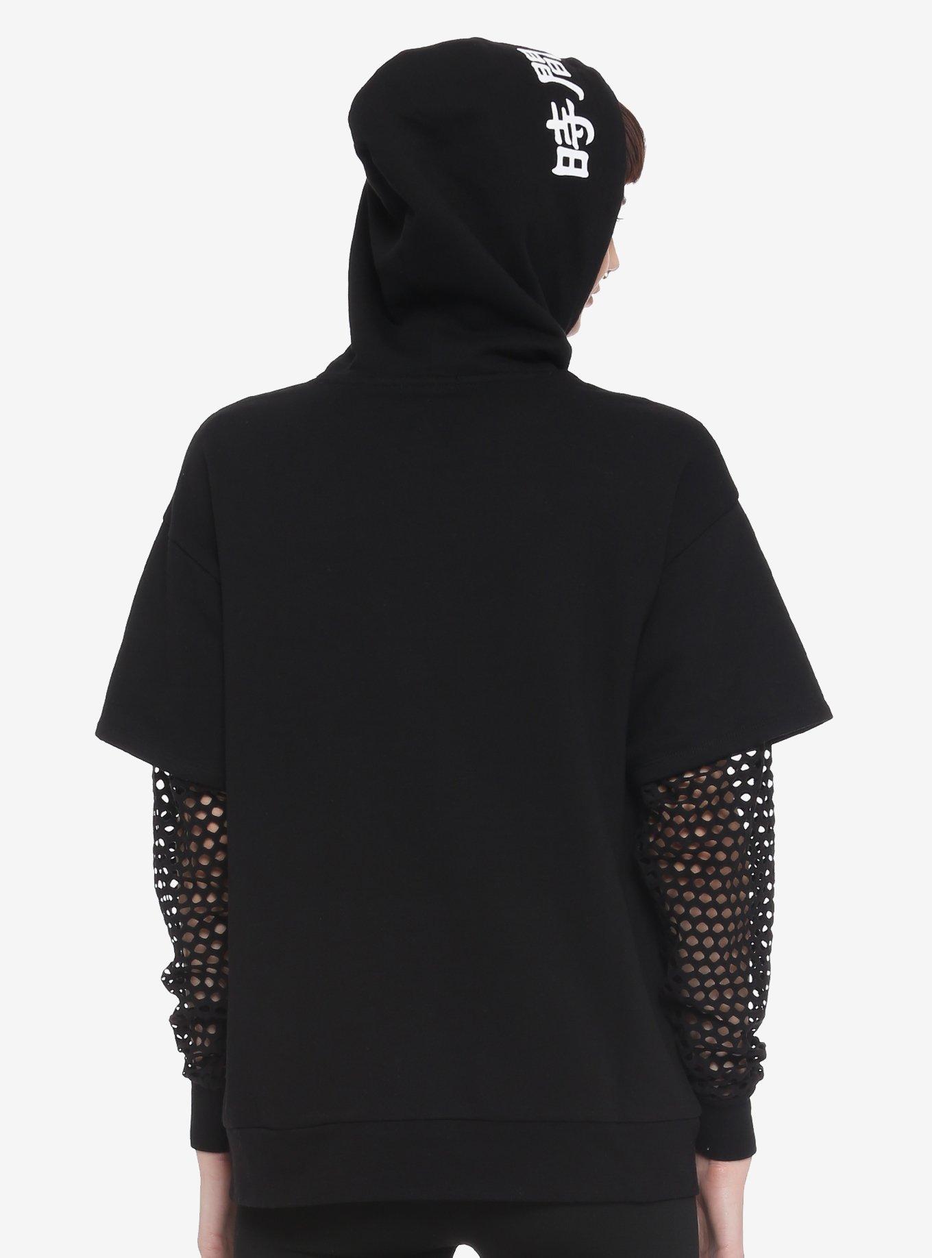 Grim Reaper Anime Mesh Sleeve Girls Hoodie, BLACK, alternate