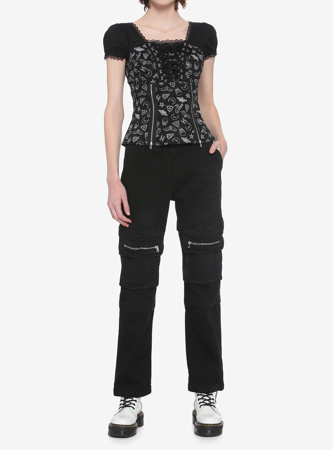 Black & White Magic Symbols Zipper & Lacing Girls Top, MULTI, alternate