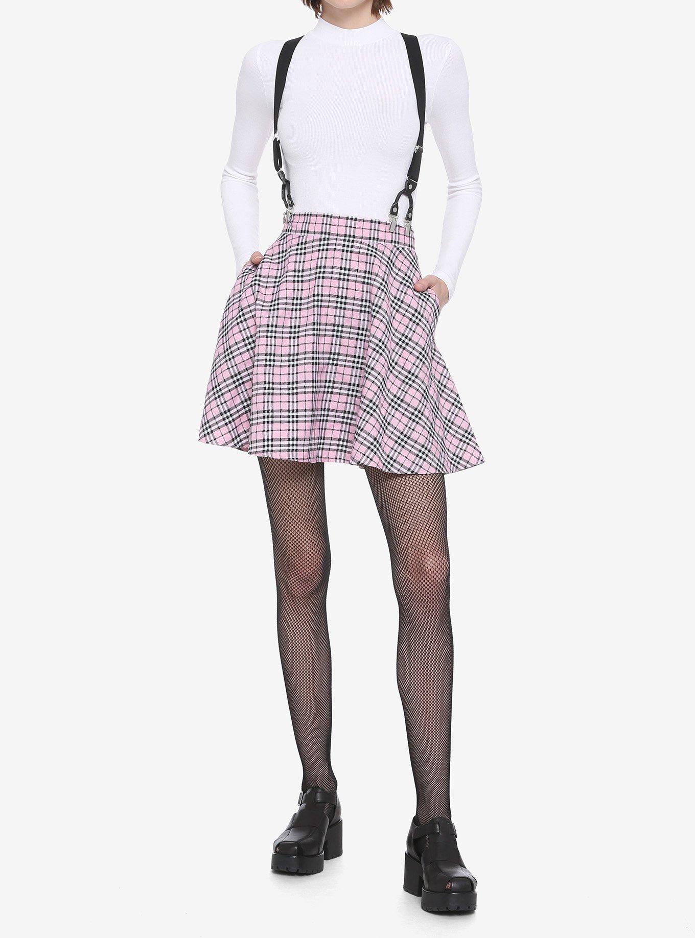Pink Plaid Suspender Skirt, PLAID - PINK, alternate