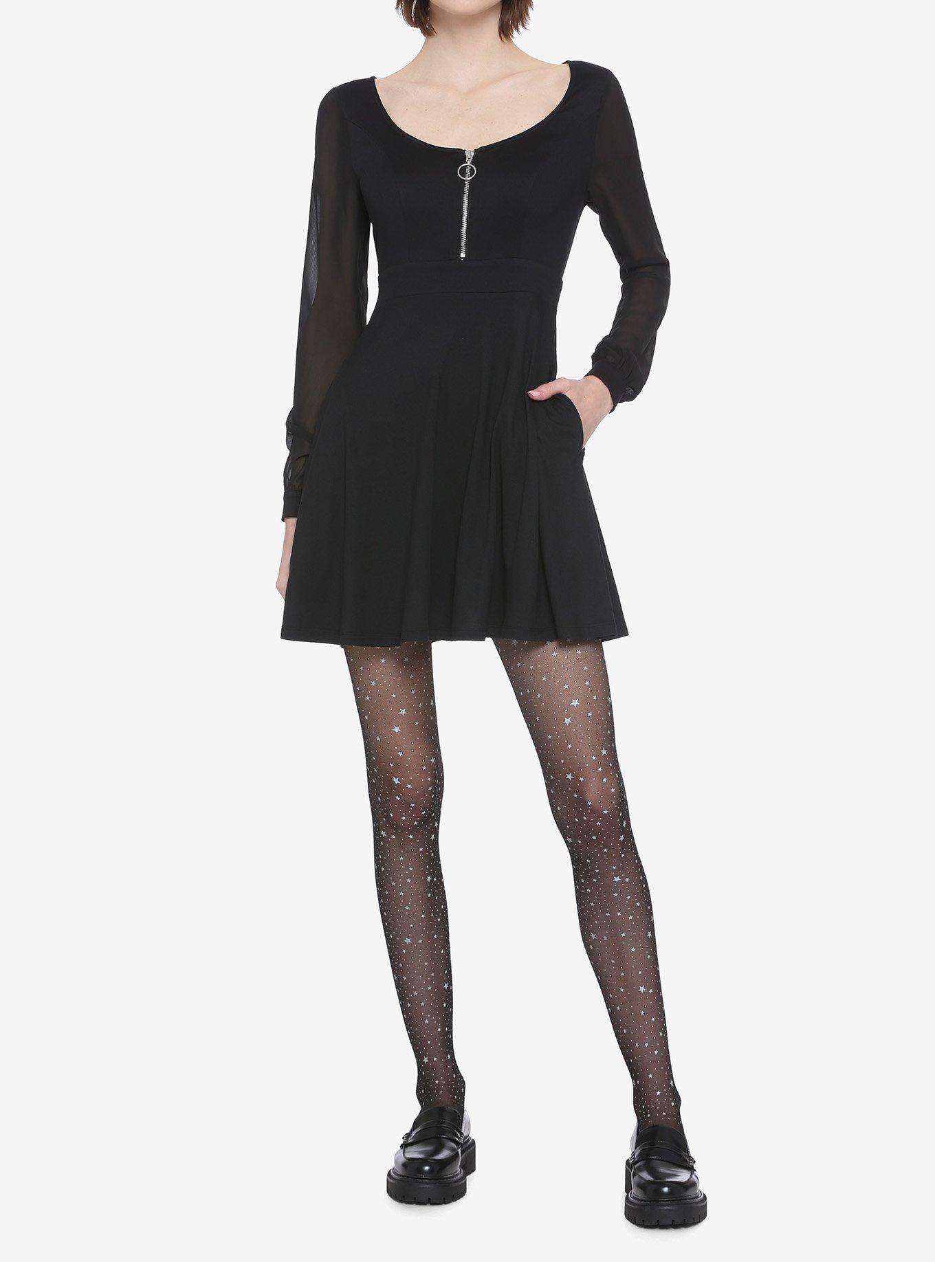 Sheer Sleeves & O-Ring Zipper Skater Dress, BLACK, alternate