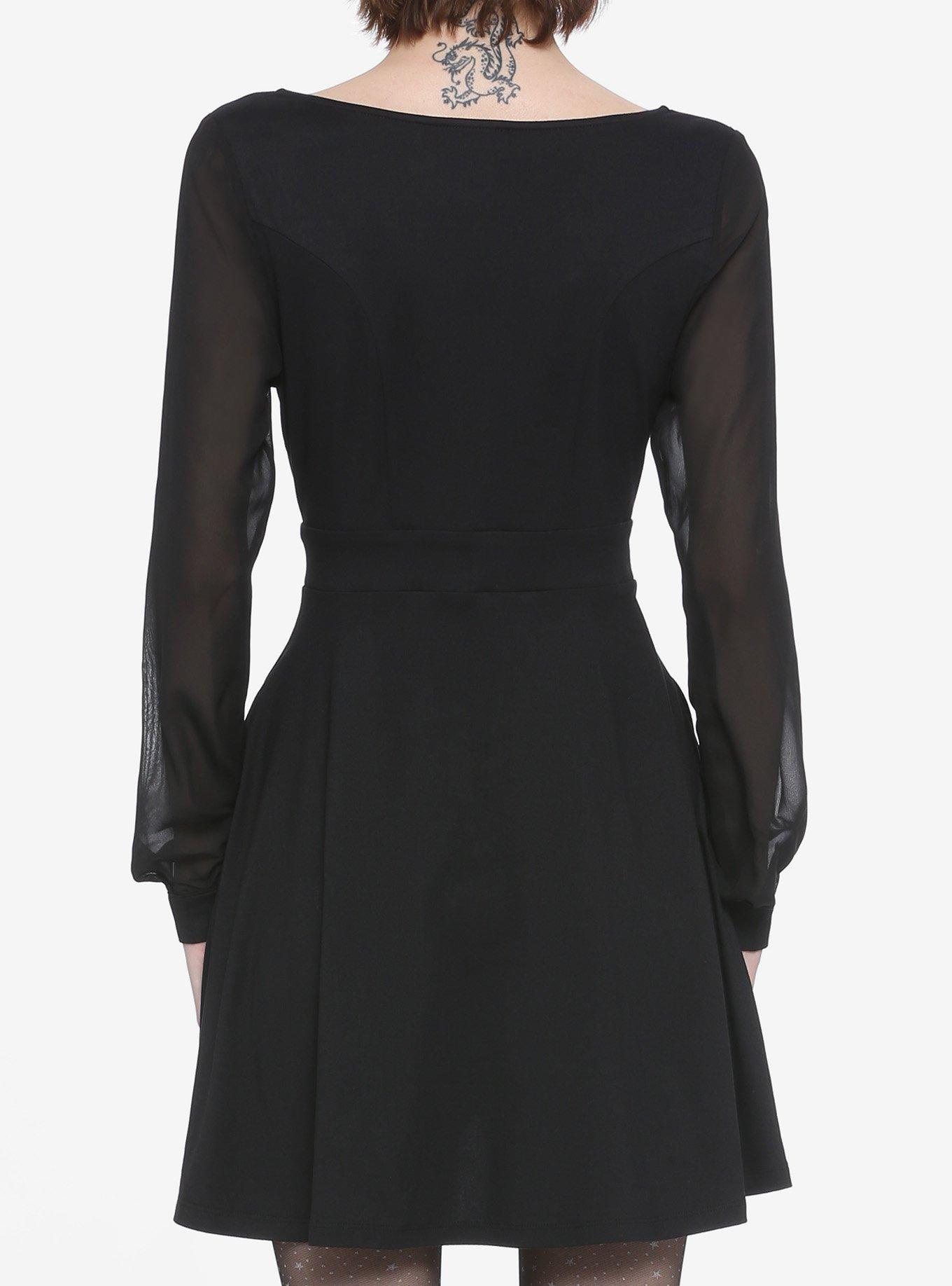 Sheer Sleeves & O-Ring Zipper Skater Dress, BLACK, alternate