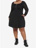 Sheer Sleeves & O-Ring Zipper Skater Dress Plus Size, BLACK, alternate