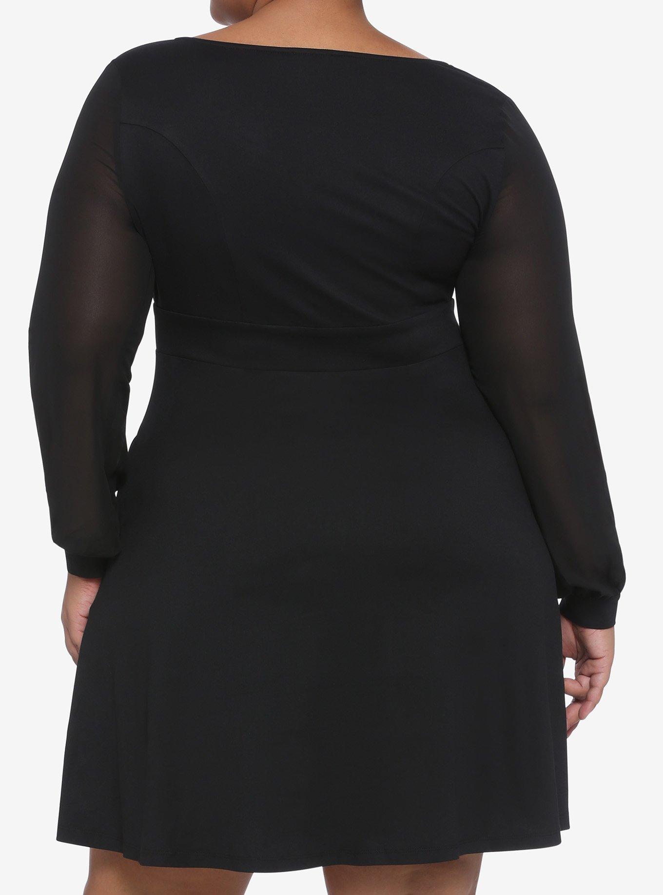 Sheer Sleeves & O-Ring Zipper Skater Dress Plus Size, BLACK, alternate