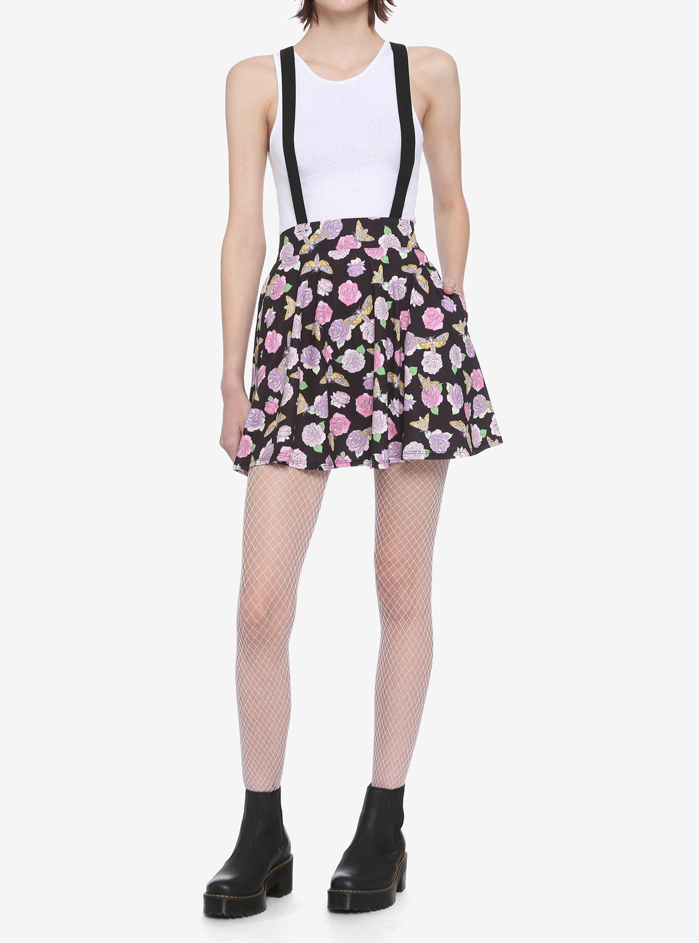 Pastel Roses & Moths Suspender Circle Skirt, BLACK, alternate