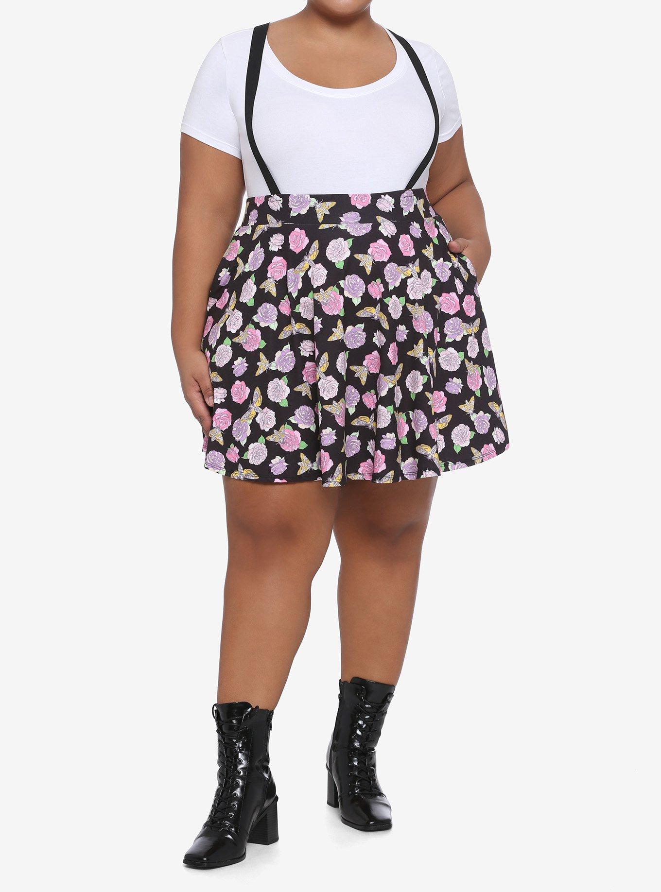 Pastel Roses & Moths Suspender Circle Skirt Plus Size, BLACK, alternate