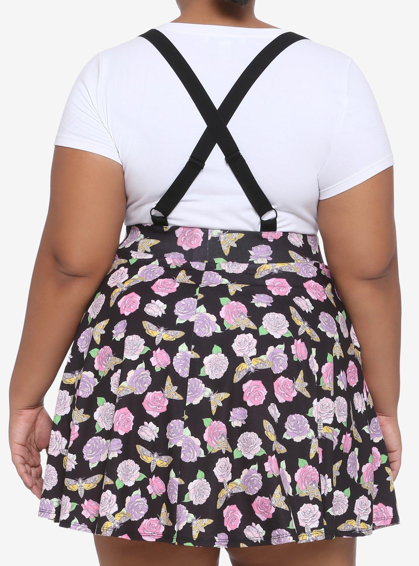 Pastel Roses & Moths Suspender Circle Skirt Plus Size, BLACK, alternate