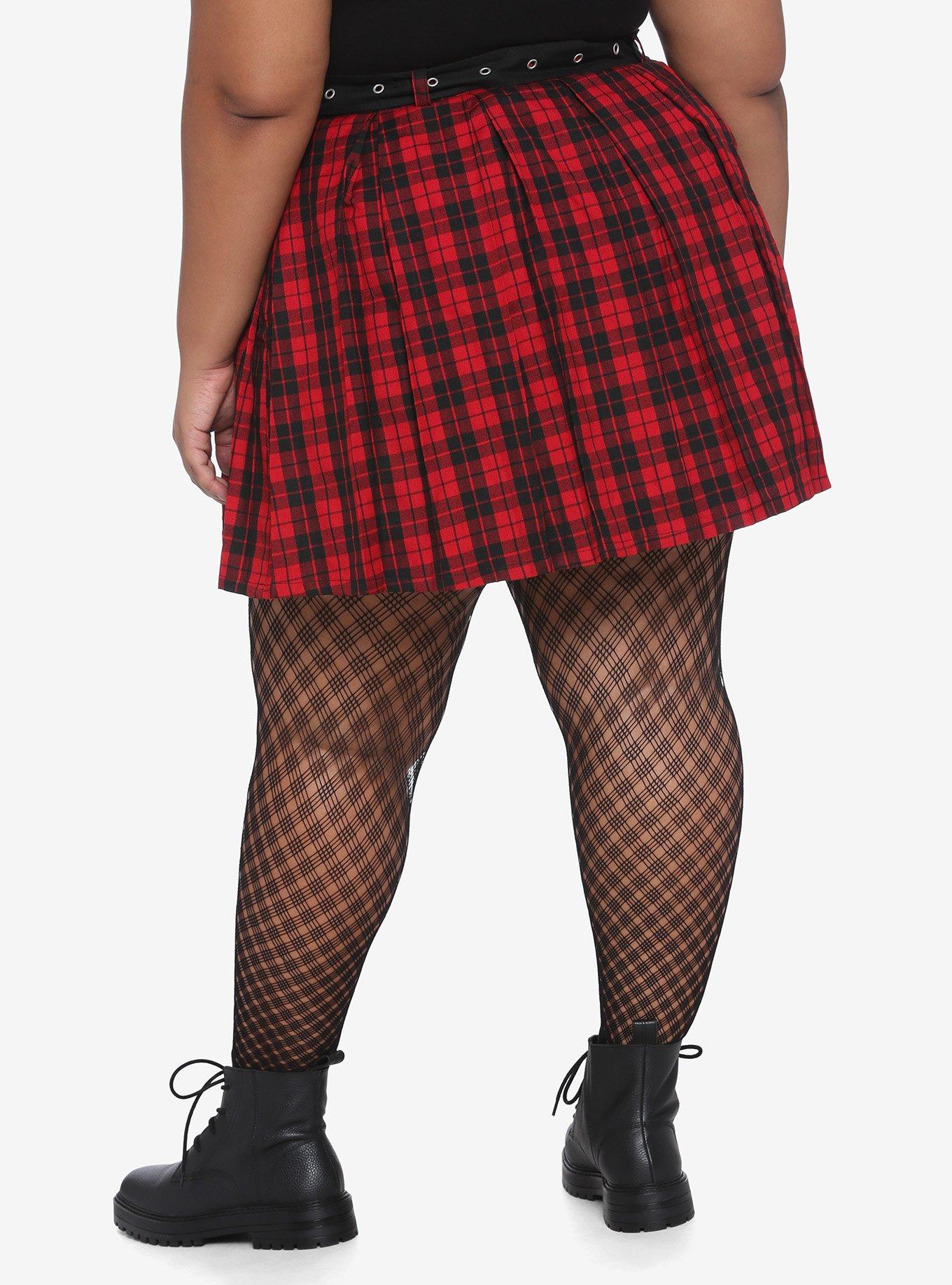 Red & Black Pleated Skirt With Grommet Belt Plus Size, PLAID - RED, alternate