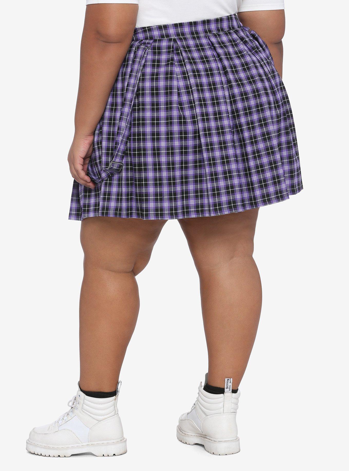 Purple Plaid Suspender Skirt Plus Size, PLAID - PURPLE, alternate
