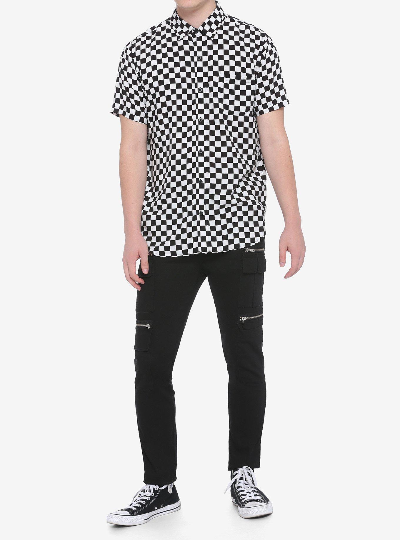 Black & White Checkered Woven Button-Up, BLACK, alternate