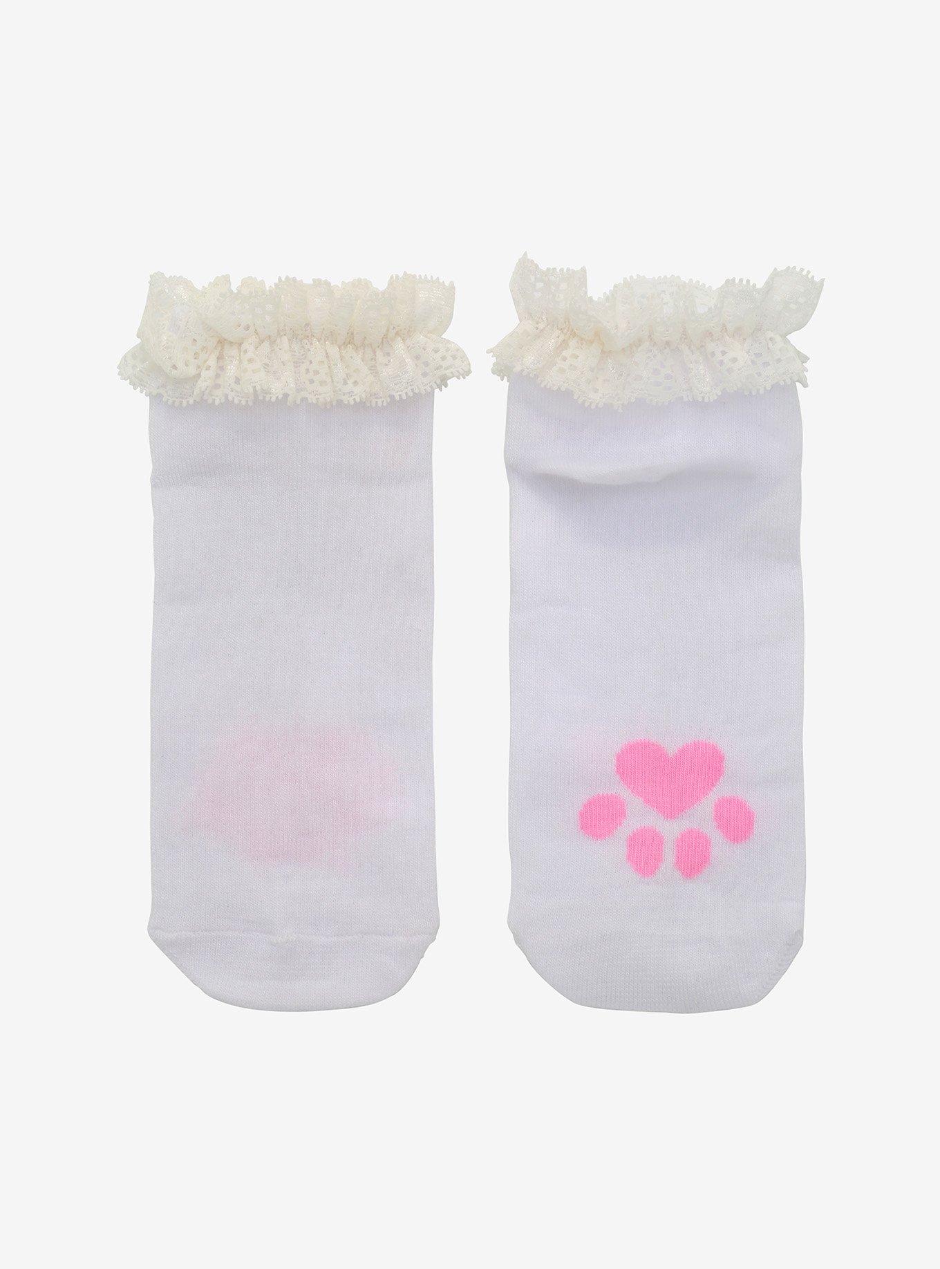 White Lace Paw Print Ankle Socks, , alternate
