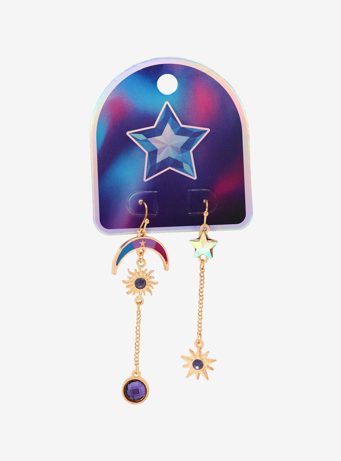 Star Moon Purple Gem Mismatch Drop Earrings, , alternate