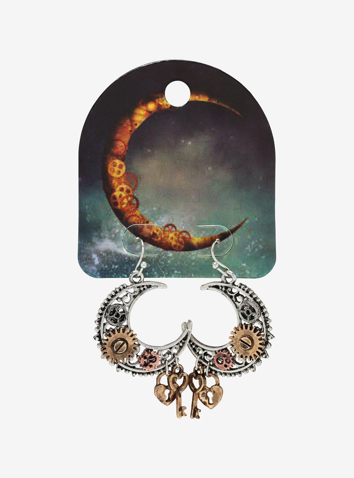 Steampunk Moon Key Drop Earrings, , alternate